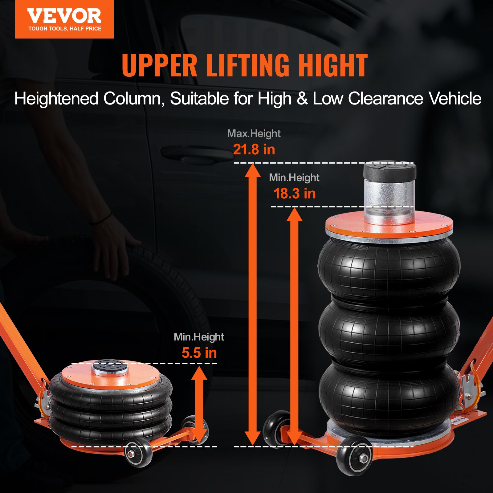 VEVOR pneumatic car jack, adjustable 5-ton air jack with raised column, easy-to-lift and space-saving jack with thick rubber pad and long handle, for sedan, SUV, and pickup truck