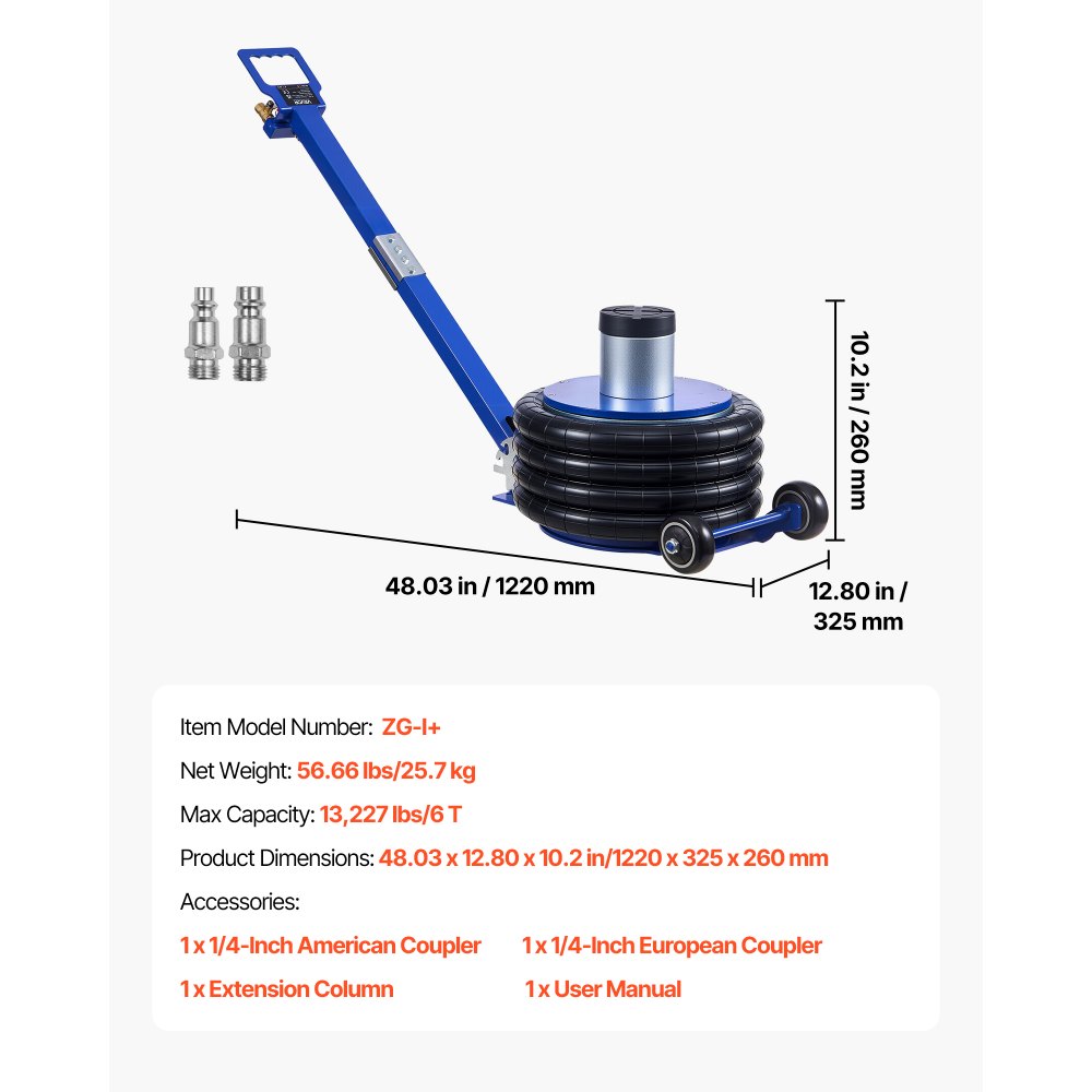 VEVOR Gato Neumático para Coches 6 T, 4 Capas con Columna Elevada, Manivela Ajustable y Almohadilla de Goma Gruesa, Elevación 170 a 583 mm, para Coches, SUV y Camionetas, 1220 x 325 x 170–583 mm