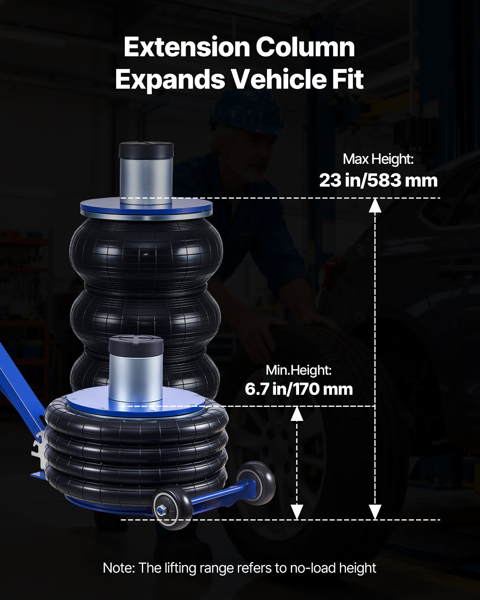 VEVOR Gato Neumático para Coches 6 T, 4 Capas con Columna Elevada, Manivela Ajustable y Almohadilla de Goma Gruesa, Elevación 170 a 583 mm, para Coches, SUV y Camionetas, 1220 x 325 x 170–583 mm