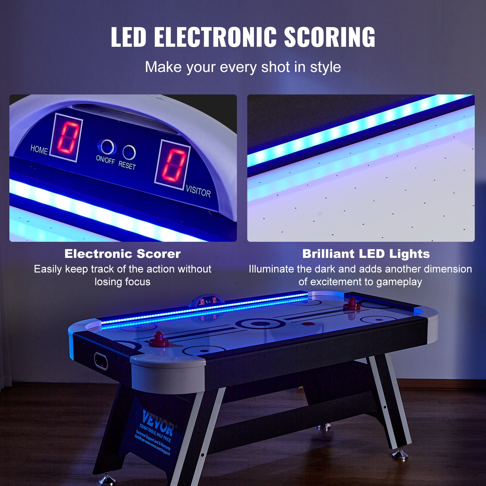 VEVOR Mesa de Hockey de Aire para Niños y Adultos Juego Air Hockey Mesa Marcador Electrónico Luces LED con 2 Discos y 2 Empujadores Juego de Hockey para Sala de Juegos, Hogar, 183x102x81,2 cm