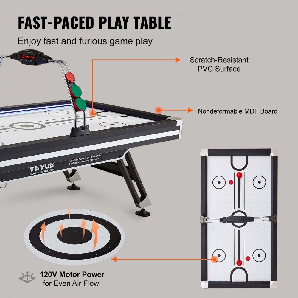 VEVOR Mesa de Hockey de Aire para Niños y Adultos Juego Air Hockey Mesa Marcador Electrónico Luces LED con 2 Discos y 2 Empujadores Juego de Hockey para Sala de Juegos, Hogar, 226,3x125x82 cm