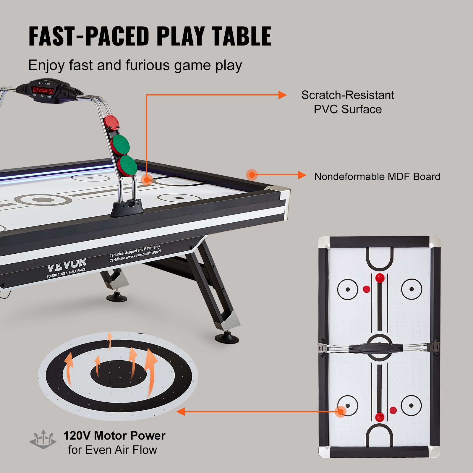 VEVOR Mesa de Hockey de Aire para Niños y Adultos Juego Air Hockey Mesa Marcador Electrónico Luces LED con 2 Discos y 2 Empujadores Juego de Hockey para Sala de Juegos, Hogar, 226,3x125x82 cm
