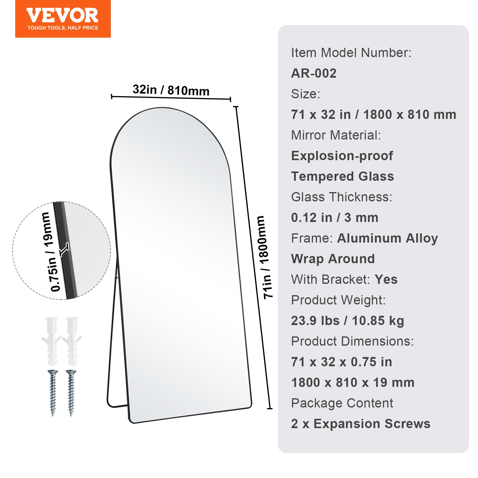 VEVOR Espejo arqueado de longitud completa, 71 x 32 pulgadas, gran espejo de suelo inclinado para colgar en la pared con soporte, marco de aleación de aluminio, espejo de tocador de cuerpo completo para sala de estar, dormitorio, negro