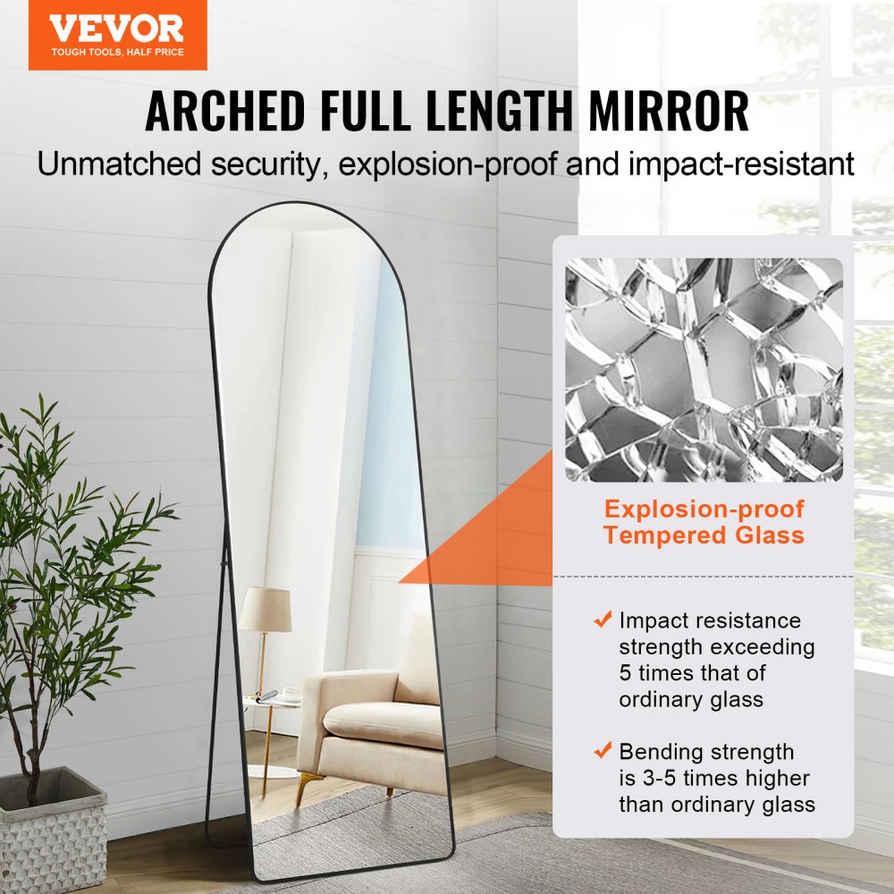 VEVOR Curved Full-Length Mirror, 1650 x 558 mm, Standing Mirror with Stand, Freestanding or Wall Mounted, Aluminum Alloy Frame, Full-Length Dressing Mirror for Living Room and Bedroom