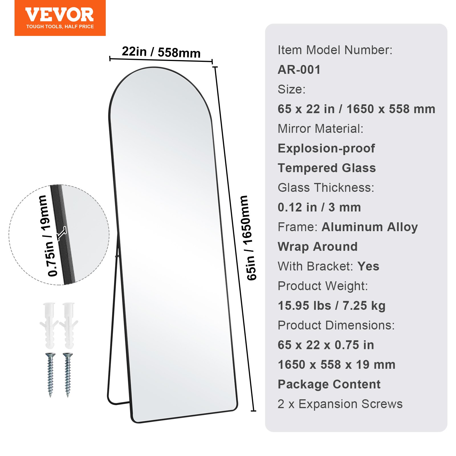 VEVOR Curved Full-Length Mirror, 1650 x 558 mm, Standing Mirror with Stand, Freestanding or Wall Mounted, Aluminum Alloy Frame, Full-Length Dressing Mirror for Living Room and Bedroom