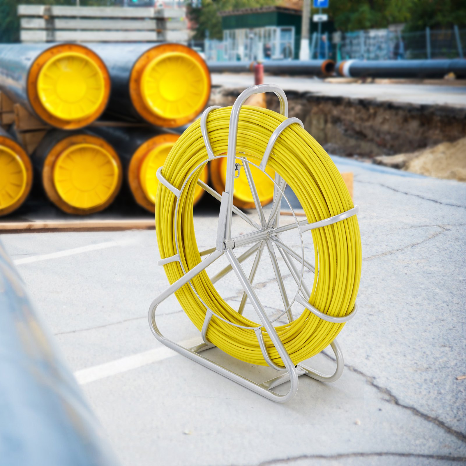 VEVOR Fiberglass Cable Wheel Ø6.35mm x 129.5m Fiberglass Rod incl. Steel Reel Gloves Brake Lever Metal Pull Heads Fish Tape -40℃ to +80℃ Pulling Aid Pull Tape Pulling Spiral