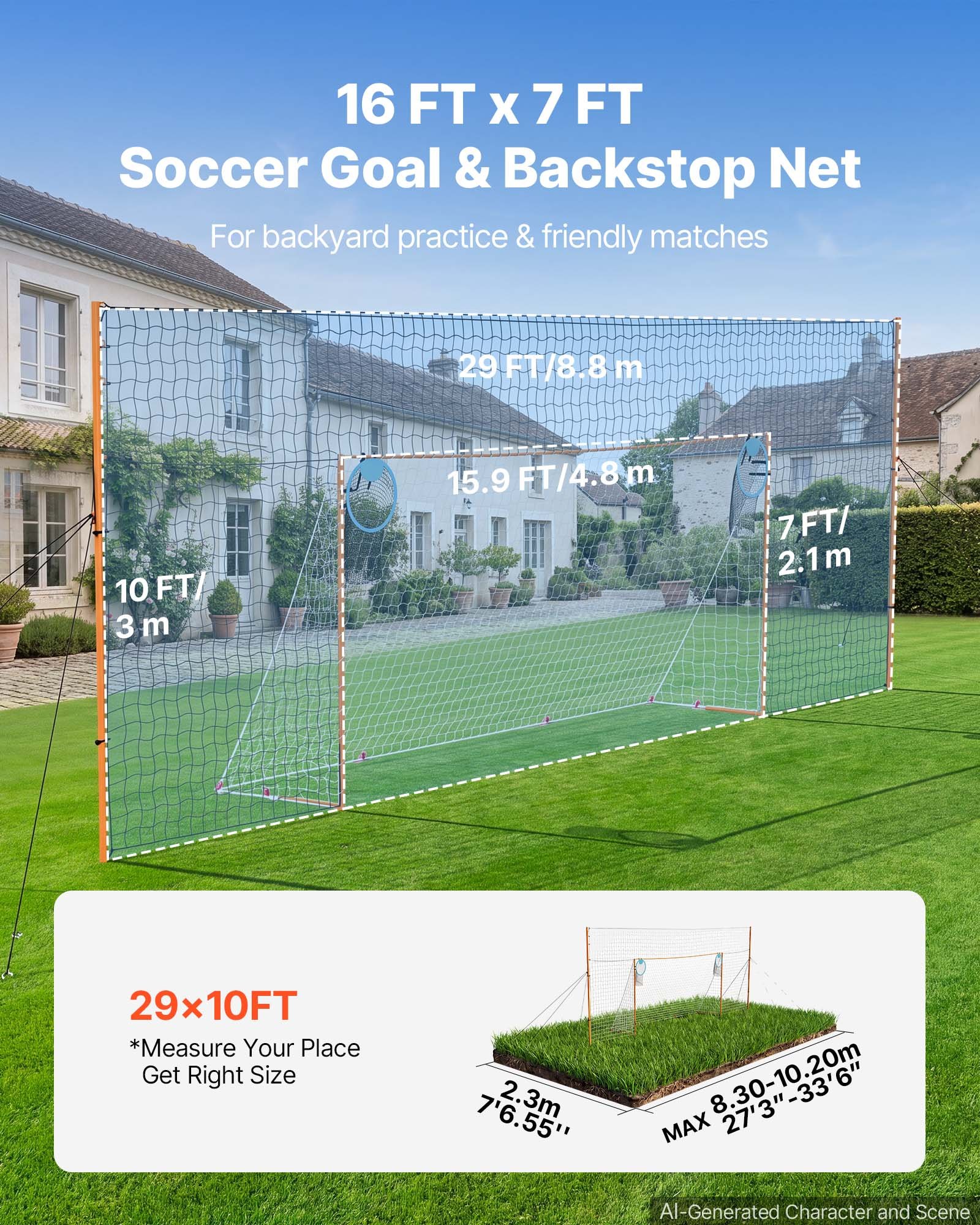 VEVOR Portería de Fútbol 4,84 x 2,12 m, Estructura de Hierro y Red de PE, con Barrera Trasera, Red de Puntería, Estacas para el Suelo, Cuerdas, para Deportes al Aire Libre, Jóvenes y Adultos