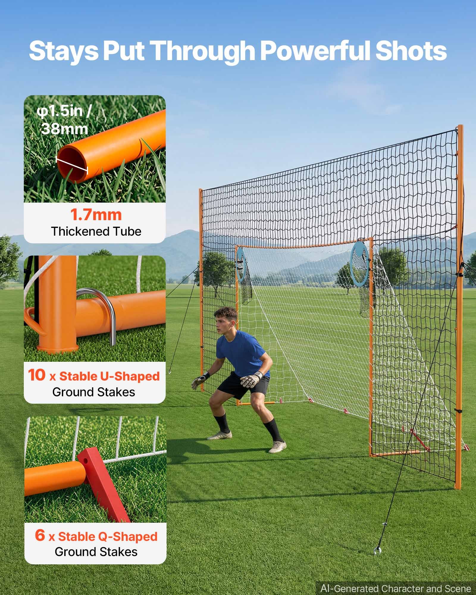 VEVOR Portería de Fútbol 4,84 x 2,12 m, Estructura de Hierro y Red de PE, con Barrera Trasera, Red de Puntería, Estacas para el Suelo, Cuerdas, para Deportes al Aire Libre, Jóvenes y Adultos
