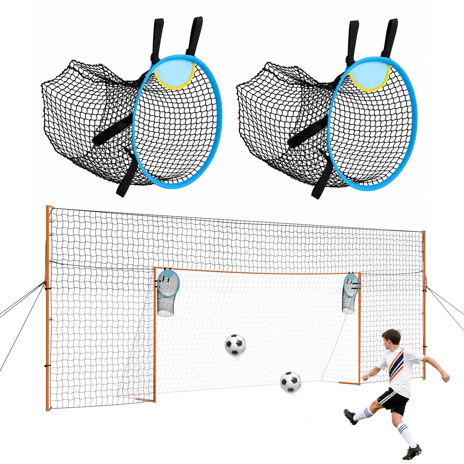 VEVOR Portería de Fútbol 4,84 x 2,12 m, Estructura de Hierro y Red de PE, con Barrera Trasera, Red de Puntería, Estacas para el Suelo, Cuerdas, para Deportes al Aire Libre, Jóvenes y Adultos
