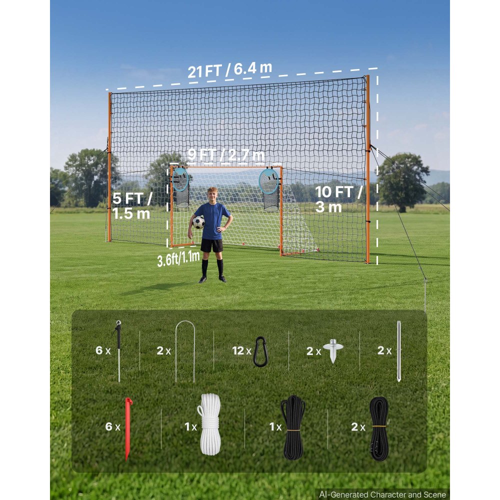 VEVOR Portería de Fútbol 2,72 x 1,51 m, Estructura de Hierro y Red de PE, con Barrera Trasera, Red de Puntería, Estacas para el Suelo, Cuerdas, para Deportes al Aire Libre, Jóvenes y Adultos