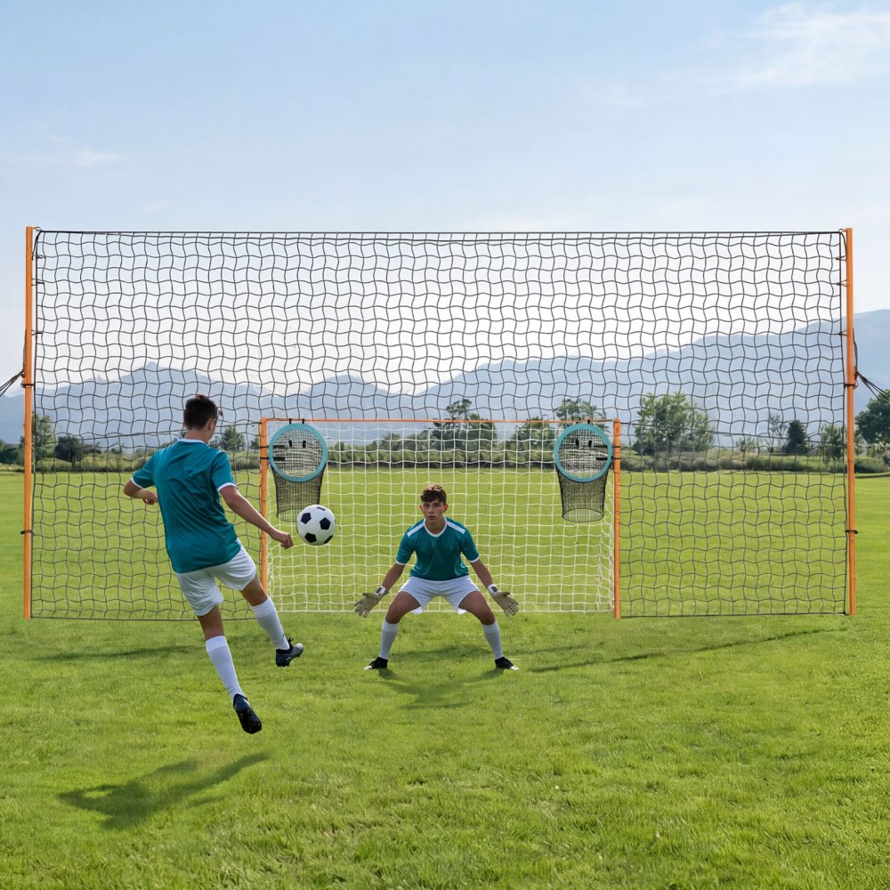 VEVOR Portería de Fútbol 2,72 x 1,51 m, Estructura de Hierro y Red de PE, con Barrera Trasera, Red de Puntería, Estacas para el Suelo, Cuerdas, para Deportes al Aire Libre, Jóvenes y Adultos