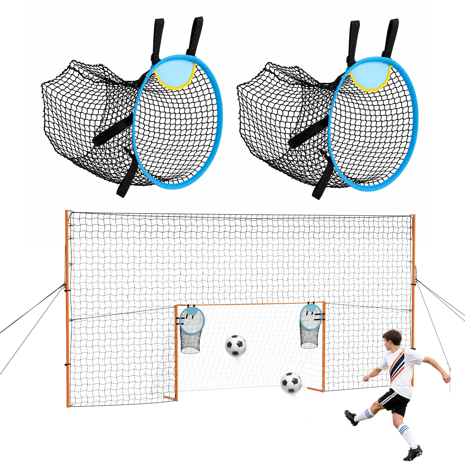 VEVOR Portería de Fútbol 2,72 x 1,51 m, Estructura de Hierro y Red de PE, con Barrera Trasera, Red de Puntería, Estacas para el Suelo, Cuerdas, para Deportes al Aire Libre, Jóvenes y Adultos