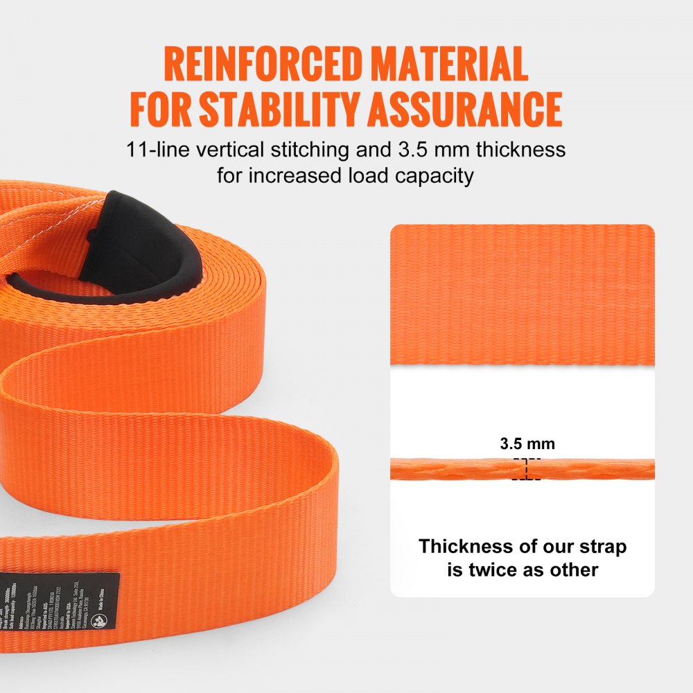 VEVOR Correa de Remolque de 76,2 mm x 9,1 m, Correa de Cabrestante para Protección de Árboles, Bucle Triple Reforzado y Fundas Protectoras y Bolsa de Almacenamiento, para Camión, Jeep, SUV, ATV