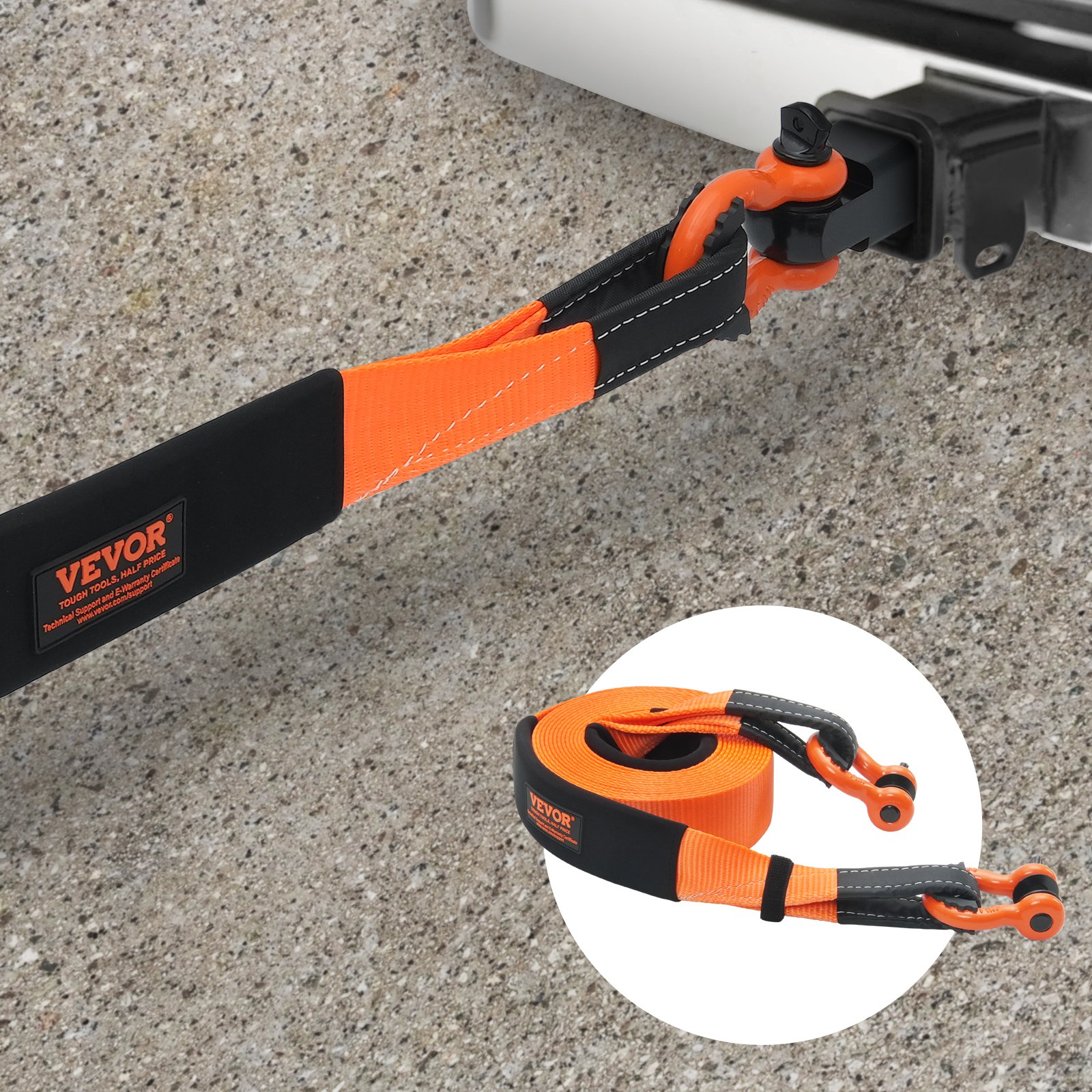 VEVOR Heavy Duty Polyester Tow Strap Recovery Kit, 7.6 cm x 9.1 m (MBS-36,000 lbs), Winch Strap, Triple Reinforced Loop, Recovery Strap + 5.1 cm Trailer Hitch Mount + 1.9 cm D-Ring Shackles (2 Pieces) + Storage Bag