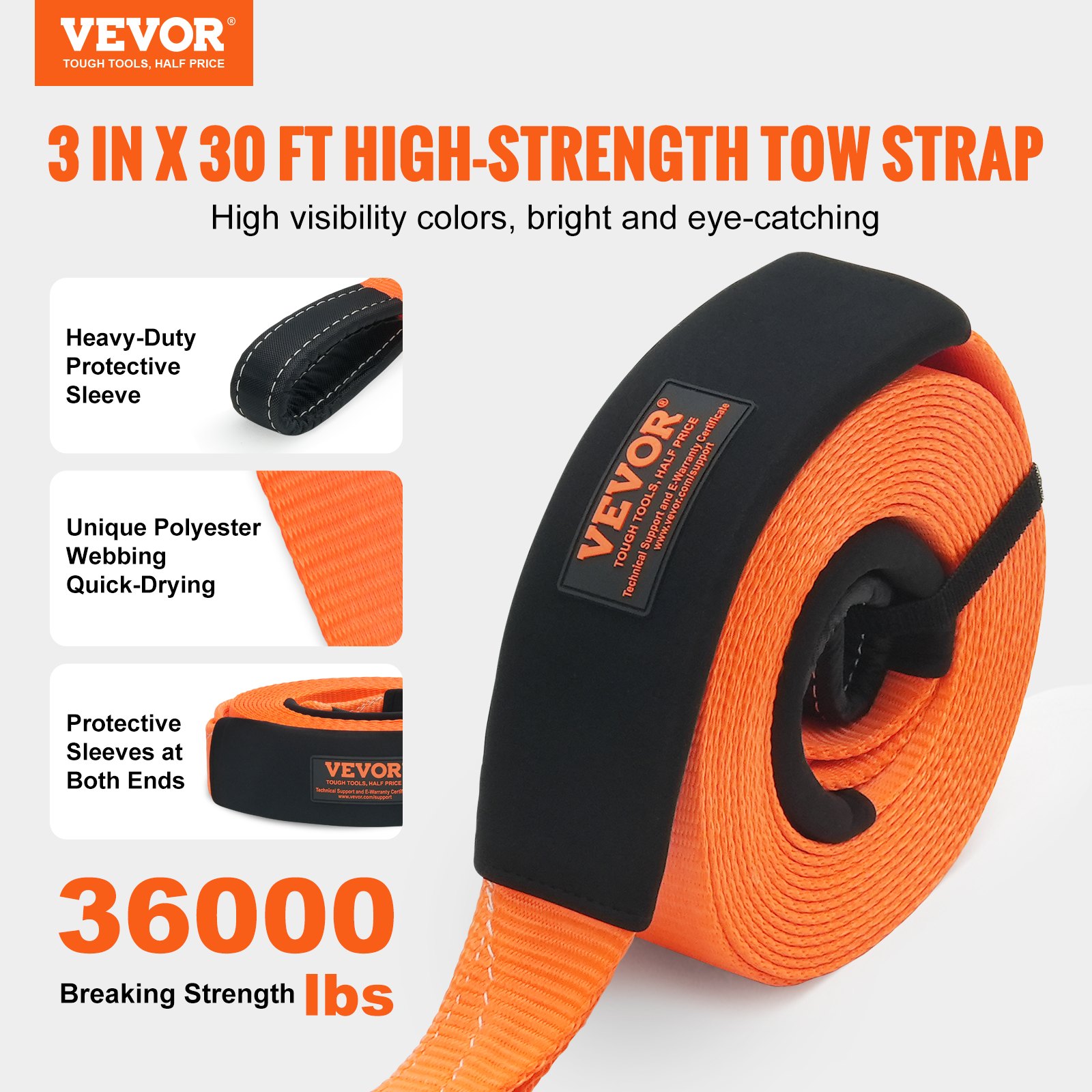VEVOR Correa de Remolque de 76,2 mm x 9,1 m, Correa de Cabrestante para Protección de Árboles, Bucle Triple Reforzado y Fundas Protectoras y Bolsa de Almacenamiento, para Camión, Jeep, SUV, ATV