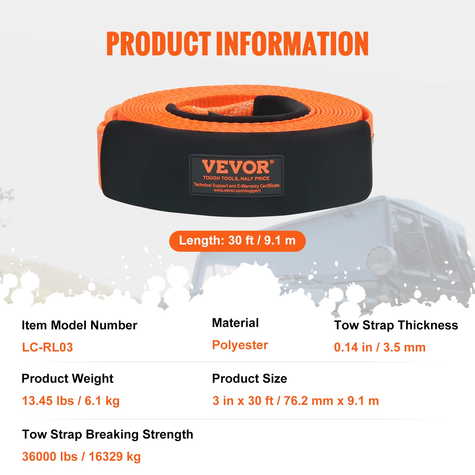 VEVOR Correa de Remolque de 76,2 mm x 9,1 m, Correa de Cabrestante para Protección de Árboles, Bucle Triple Reforzado y Fundas Protectoras y Bolsa de Almacenamiento, para Camión, Jeep, SUV, ATV
