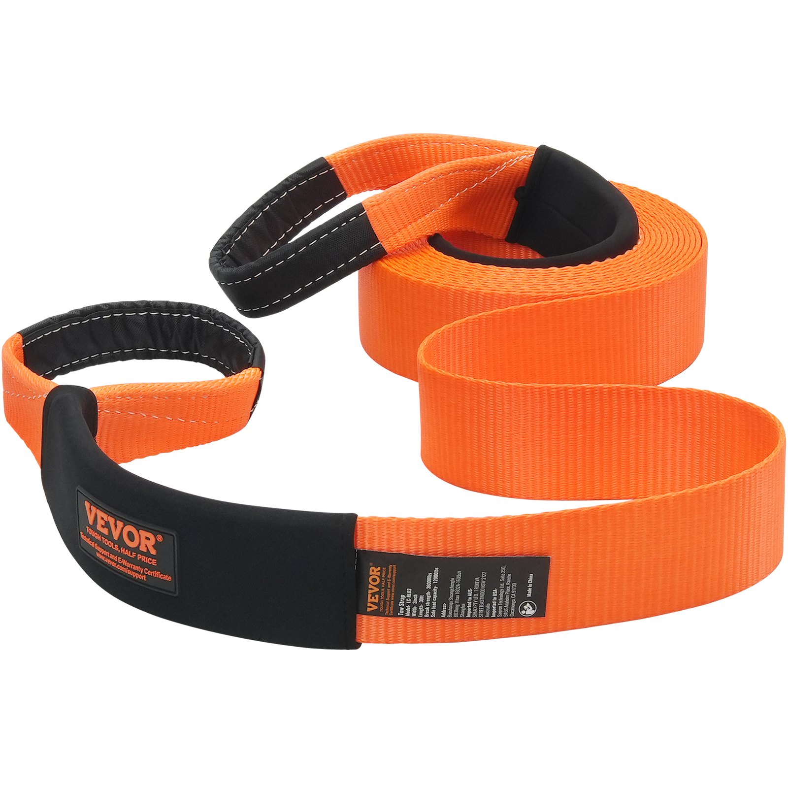 VEVOR Correa de Remolque de 76,2 mm x 9,1 m, Correa de Cabrestante para Protección de Árboles, Bucle Triple Reforzado y Fundas Protectoras y Bolsa de Almacenamiento, para Camión, Jeep, SUV, ATV