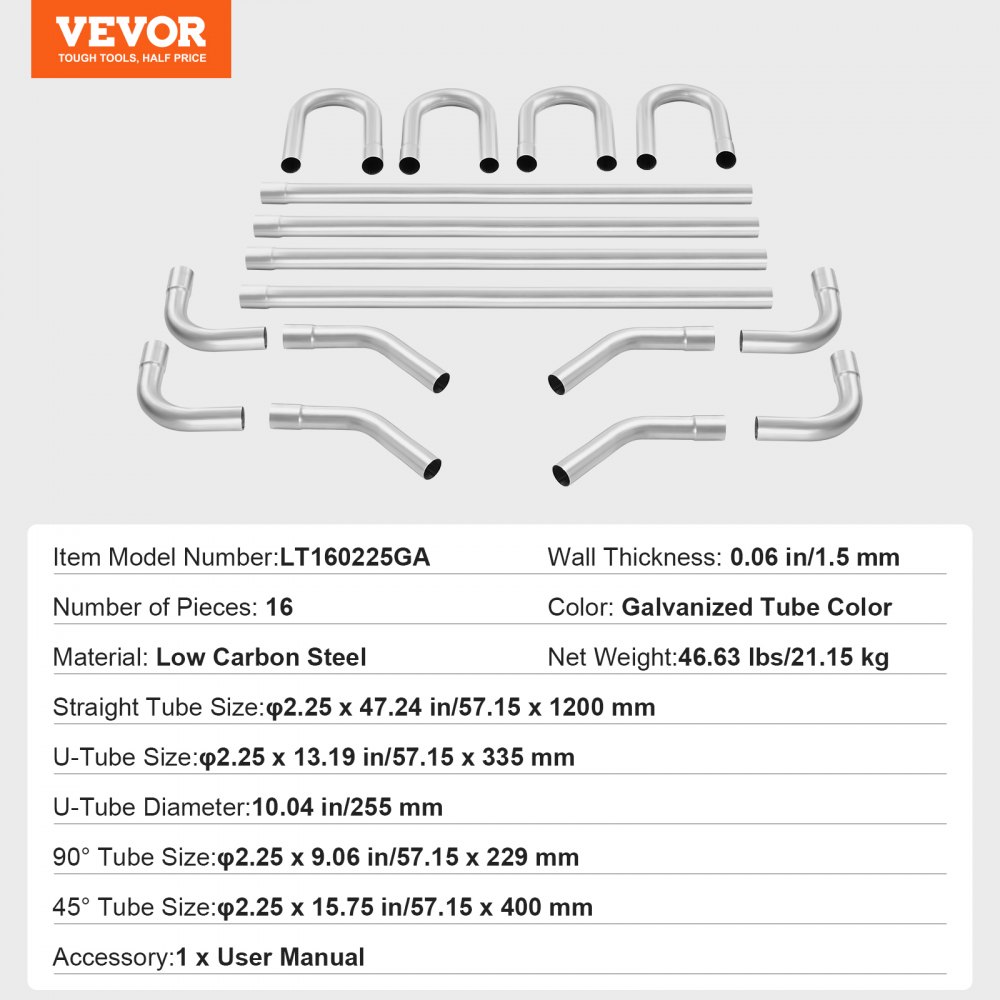 VEVOR kit de Escape Tubo Galvanizado Universal con Junta Deslizante y Tubo de Escape 16 Piezas 57,15 mm para Sistema de Escape, Apto para Garajes, Tiendas de Reparación de Automóviles, Tiendas 4S