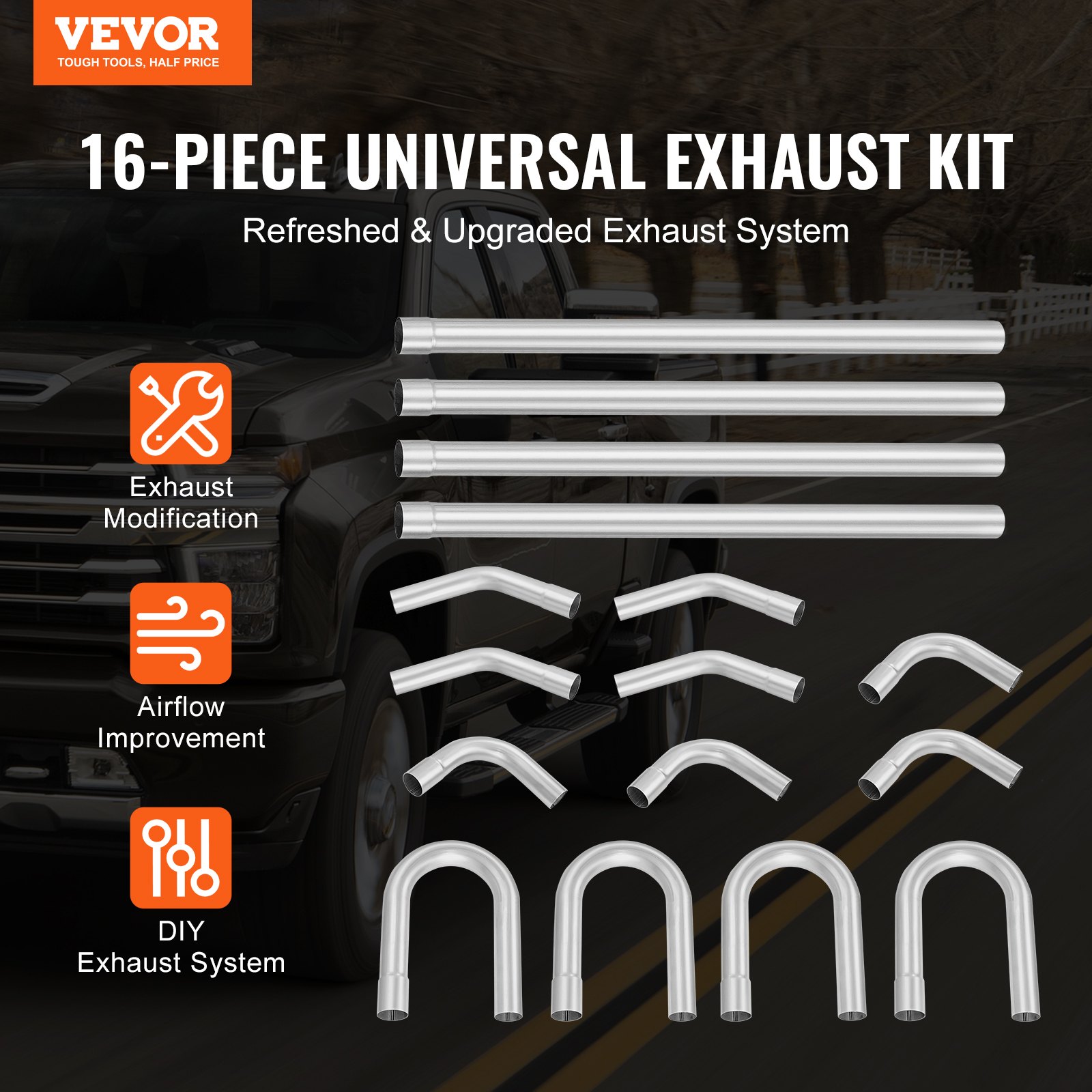 VEVOR kit de Escape Tubo Galvanizado Universal con Junta Deslizante y Tubo de Escape 16 Piezas 57,15 mm para Sistema de Escape, Apto para Garajes, Tiendas de Reparación de Automóviles, Tiendas 4S
