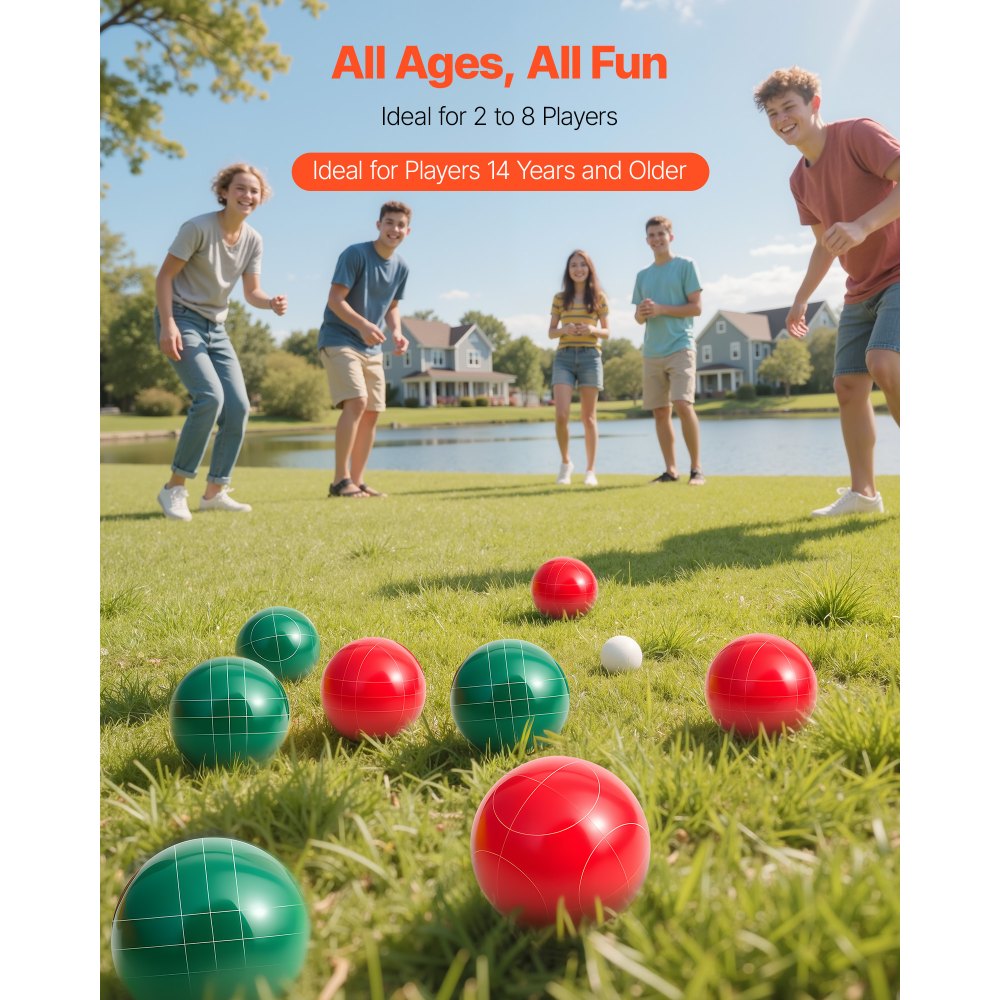 VEVOR Juego de bochas, con 8 Bolas de Resina de 107 mm, Cuenta, Bolsa de Transporte Negra y Cuerda de Medir, 2 Colores de Rojo/Verde para 2 a 8 Jugadores para Playa, Césped, Jardín y Exterior