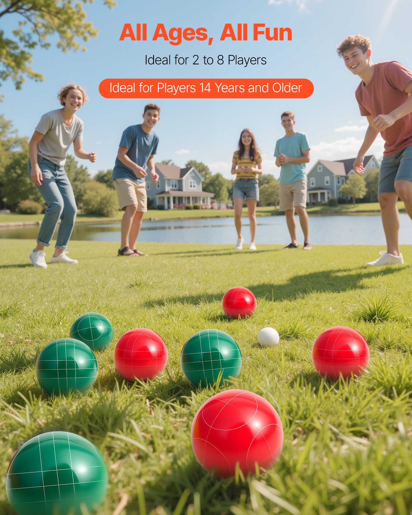 VEVOR Juego de bochas, con 8 Bolas de Resina de 107 mm, Cuenta, Bolsa de Transporte Negra y Cuerda de Medir, 2 Colores de Rojo/Verde para 2 a 8 Jugadores para Playa, Césped, Jardín y Exterior