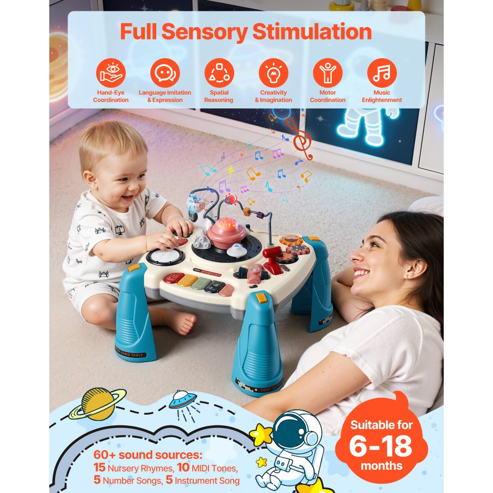 VEVOR Mesa de Aprendizaje para Niños Más de 6 Meses, Mesa de Actividades de Aprendizaje con Temática Espacial, Proyector de Estrellas con Luz Suave y Más de 60 Fuentes de Sonido, Pilas No Incluidas