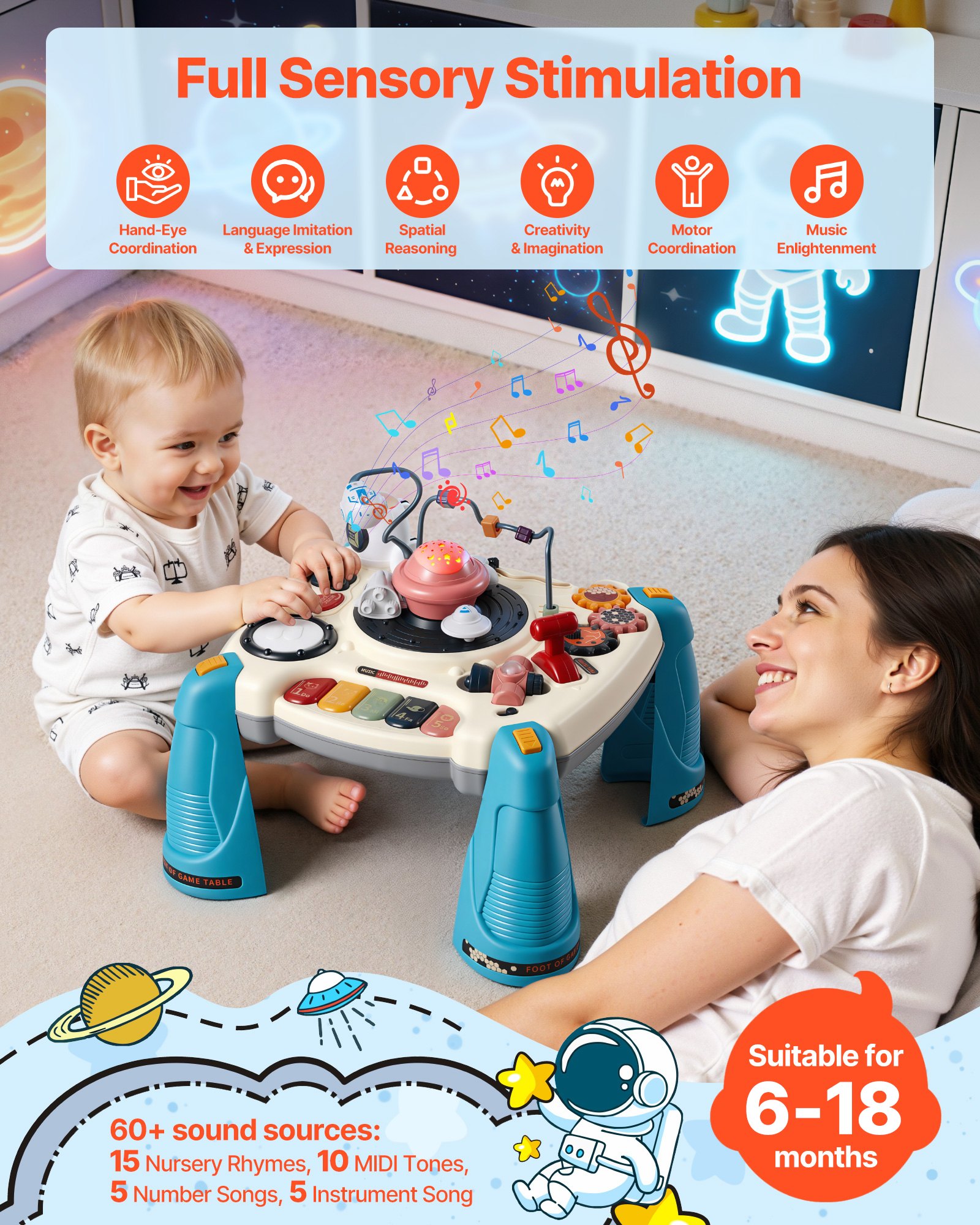 VEVOR Mesa de Aprendizaje para Niños Más de 6 Meses, Mesa de Actividades de Aprendizaje con Temática Espacial, Proyector de Estrellas con Luz Suave y Más de 60 Fuentes de Sonido, Pilas No Incluidas