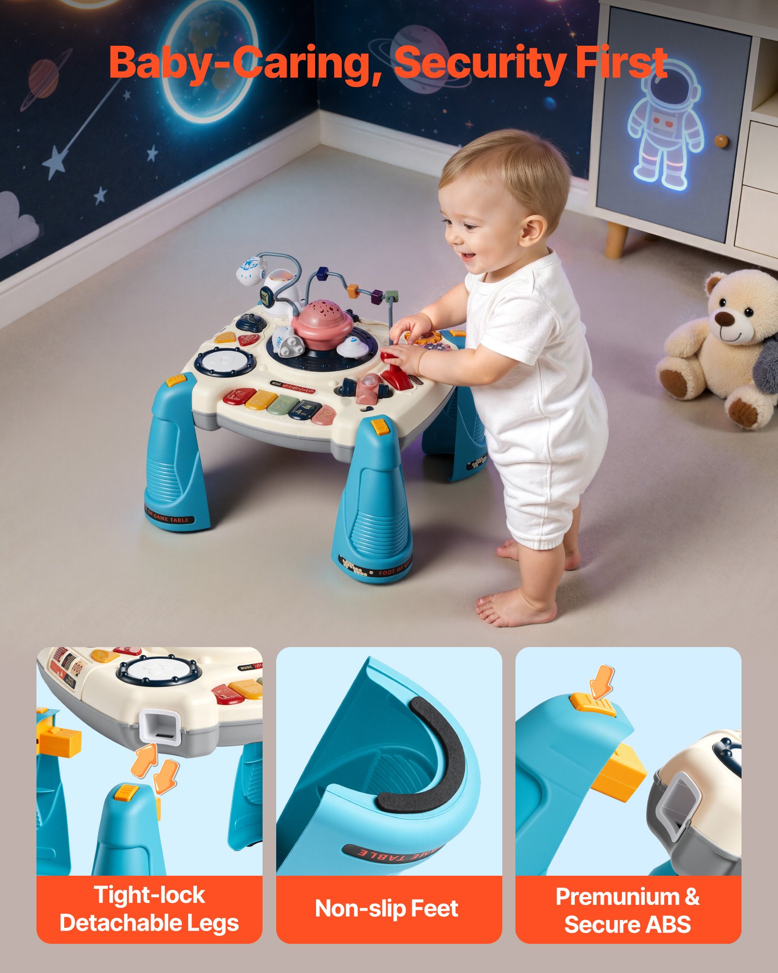VEVOR Mesa de Aprendizaje para Niños Más de 6 Meses, Mesa de Actividades de Aprendizaje con Temática Espacial, Proyector de Estrellas con Luz Suave y Más de 60 Fuentes de Sonido, Pilas No Incluidas