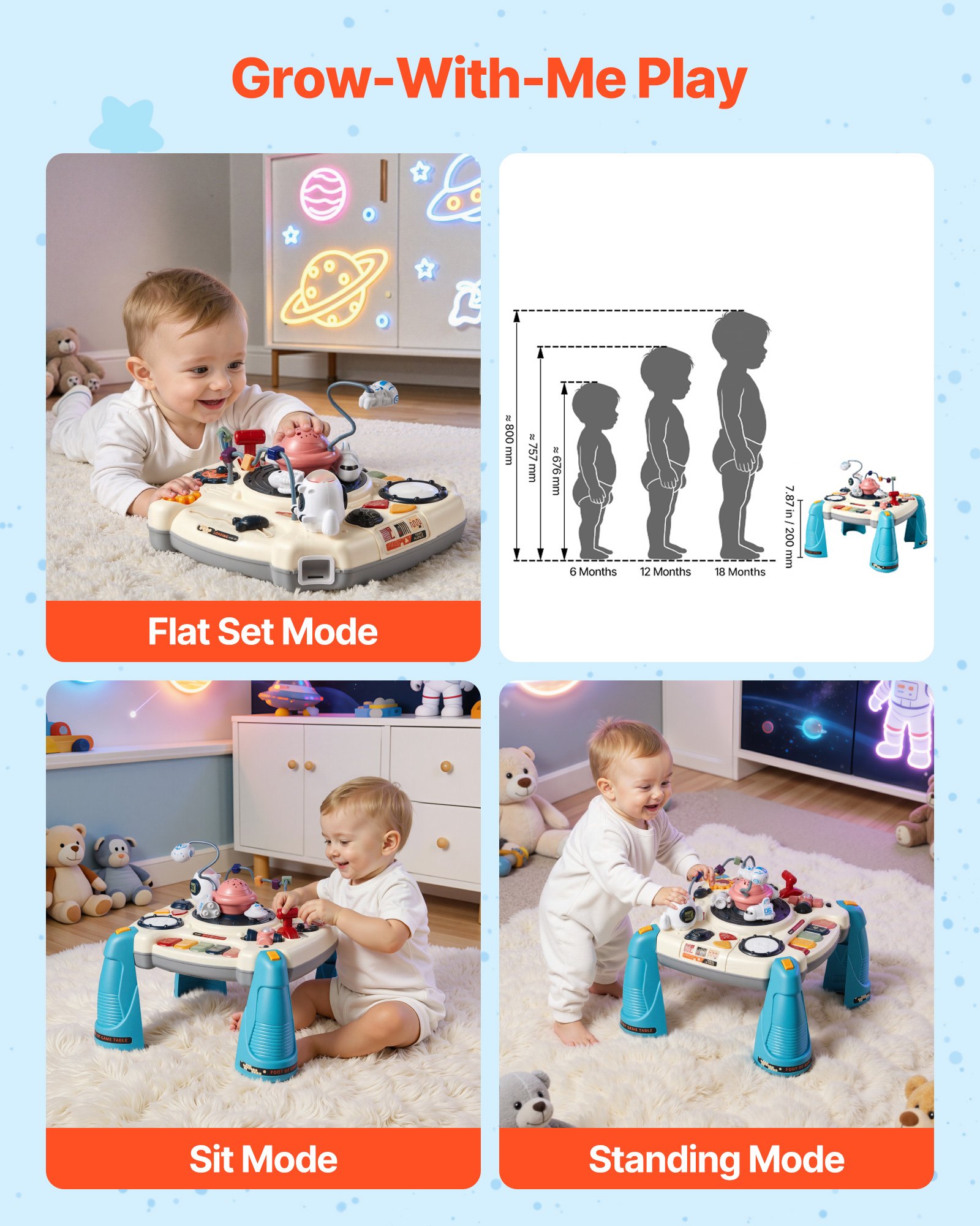 VEVOR Mesa de Aprendizaje para Niños Más de 6 Meses, Mesa de Actividades de Aprendizaje con Temática Espacial, Proyector de Estrellas con Luz Suave y Más de 60 Fuentes de Sonido, Pilas No Incluidas