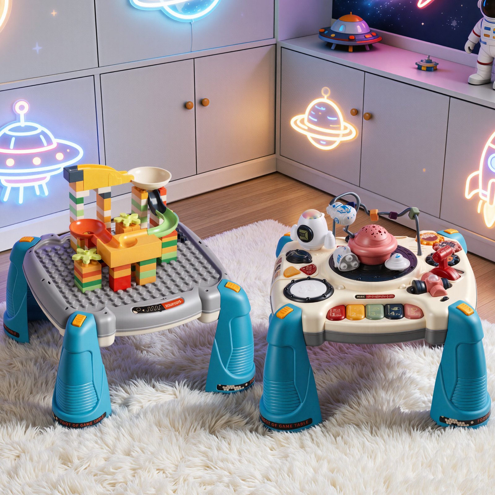 VEVOR Mesa de Aprendizaje para Niños Más de 6 Meses, Mesa de Actividades de Aprendizaje con Temática Espacial, Proyector de Estrellas con Luz Suave y Más de 60 Fuentes de Sonido, Pilas No Incluidas