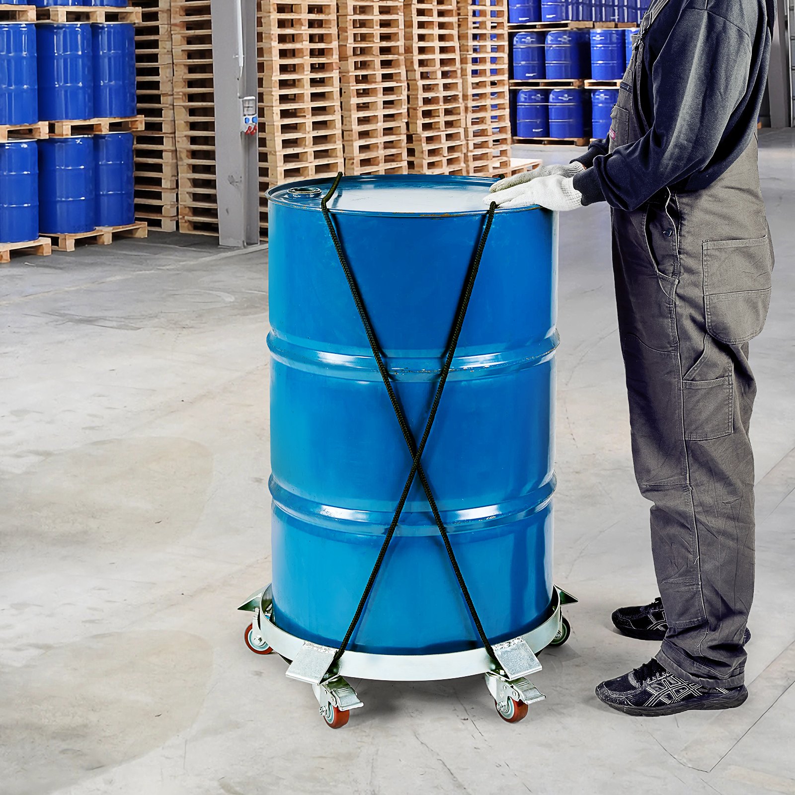 VEVOR Carro Porta Bidones 250 L Capacidad de Carga de 567 kg Plataforma Rodante con 5 Ruedas Giratorias Base de Acero con Rodillos Manipulación de Bidones de Herramientas para Almacenes Fábricas