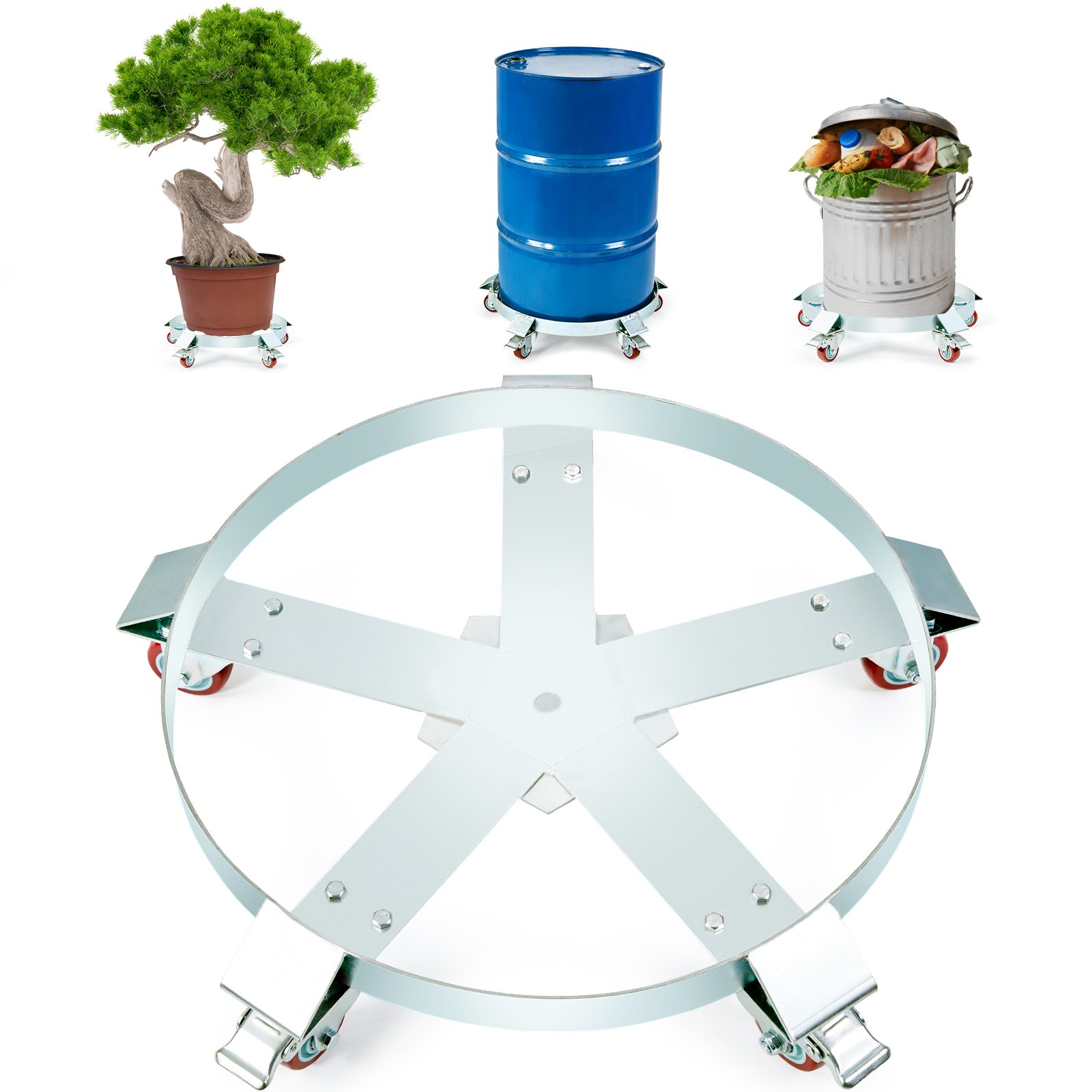 VEVOR Carro Porta Bidones 250 L Capacidad de Carga de 567 kg Plataforma Rodante con 5 Ruedas Giratorias Base de Acero con Rodillos Manipulación de Bidones de Herramientas para Almacenes Fábricas