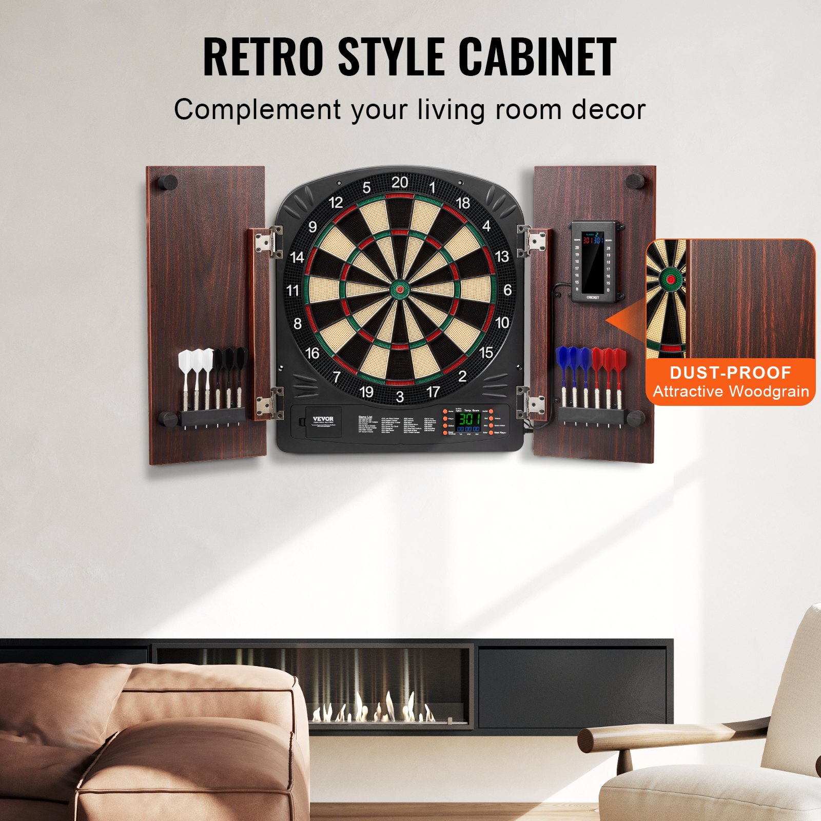 VEVOR Juego de Tablero de Dardos y Gabinete, Paquete Listo para Jugar Juego de Gabinete de Dardos, Oculto con Puntuación Electrónica, Fácil Montaje, Completo con Todos los Accesorios, Φ 34,3 cm