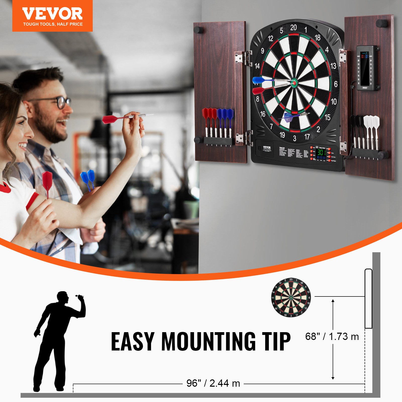 VEVOR Juego de Tablero de Dardos y Gabinete, Paquete Listo para Jugar Juego de Gabinete de Dardos, Oculto con Puntuación Electrónica, Fácil Montaje, Completo con Todos los Accesorios, Φ 34,3 cm