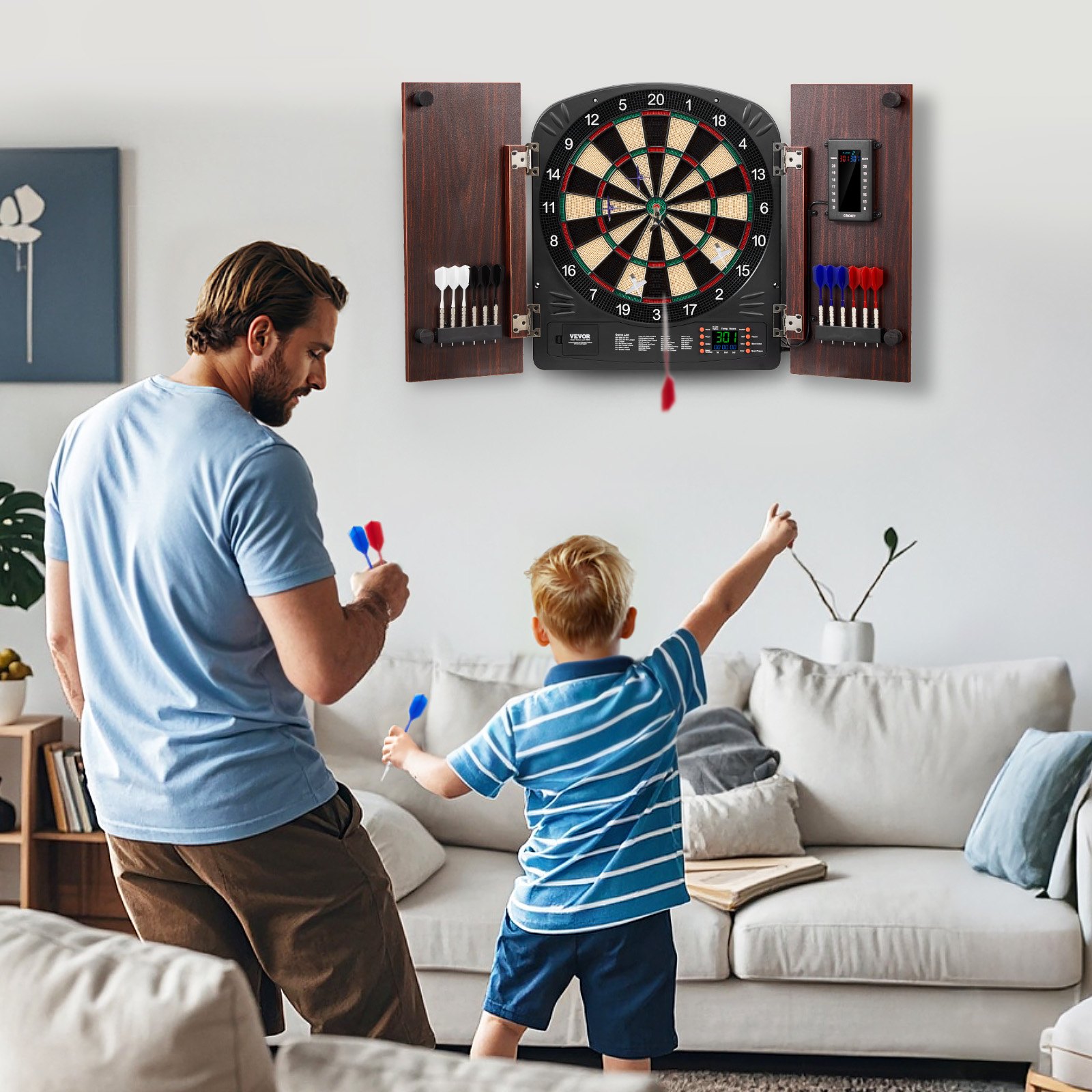 VEVOR Juego de Tablero de Dardos y Gabinete, Paquete Listo para Jugar Juego de Gabinete de Dardos, Oculto con Puntuación Electrónica, Fácil Montaje, Completo con Todos los Accesorios, Φ 34,3 cm