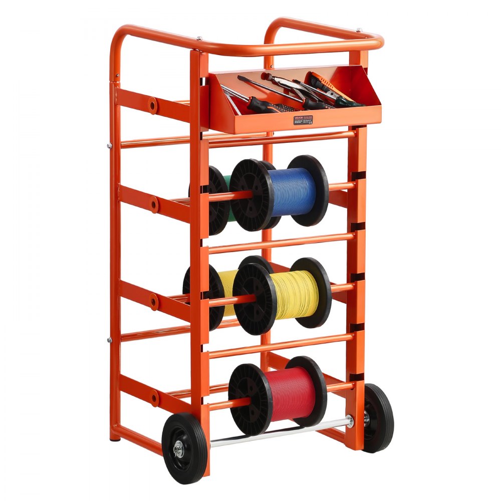 VEVOR Wire Spool Rack, 11 Rods, Multi-Spool Wire Rack Dispenser, Cable Caddy with Wheels, Cable Holder with Storage Tray for Wiring Storage, for Electrical, Industrial & Retail Use, Working Efficiency