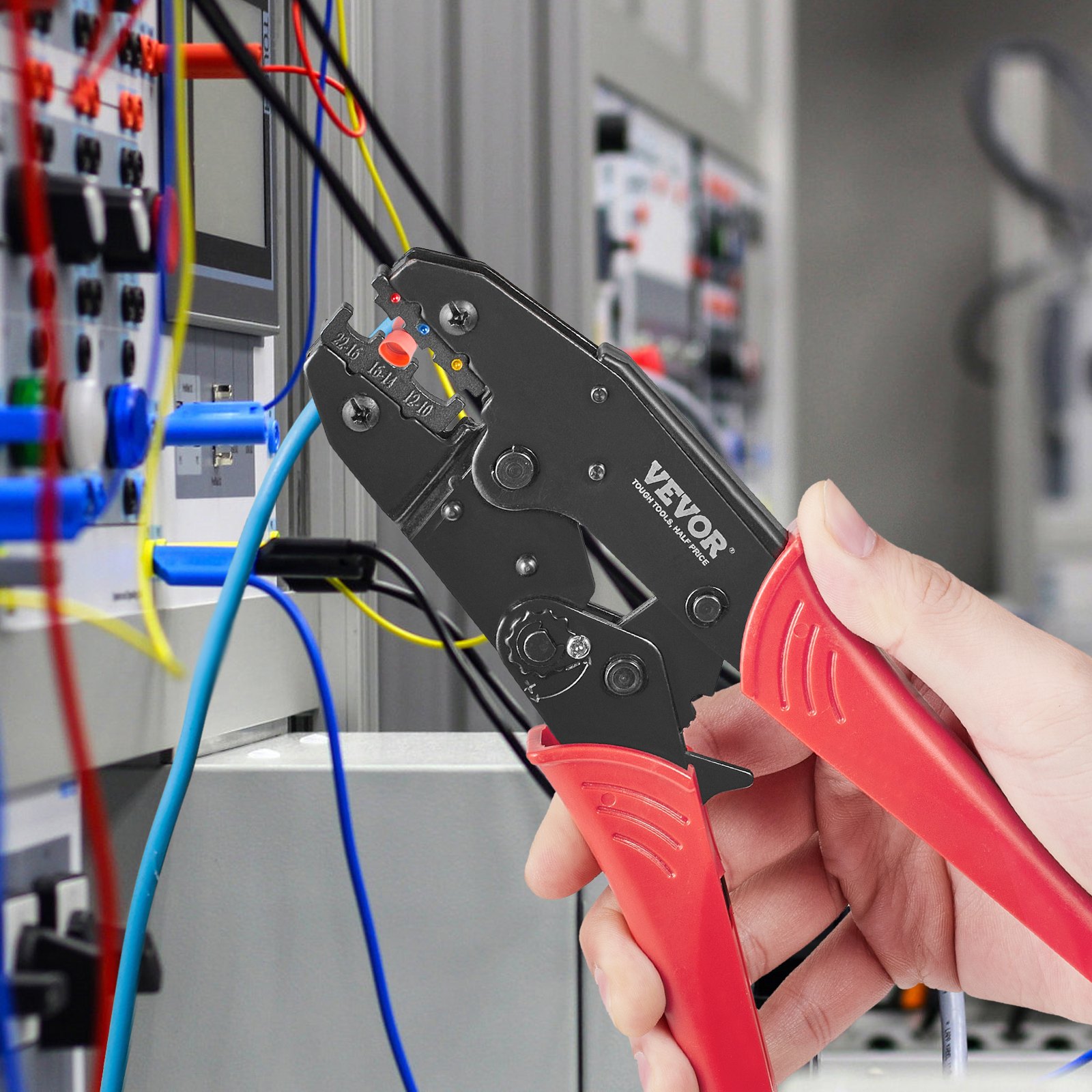 VEVOR Alicates para Prensar 0,5-6 mm² Herramienta para Prensar Terminales Aislados de Nylon AWG22-10 Máquina para Prensar Clavijas de Cable con Par de Guantes Pelacables 210 Tubos Termorretráctiles