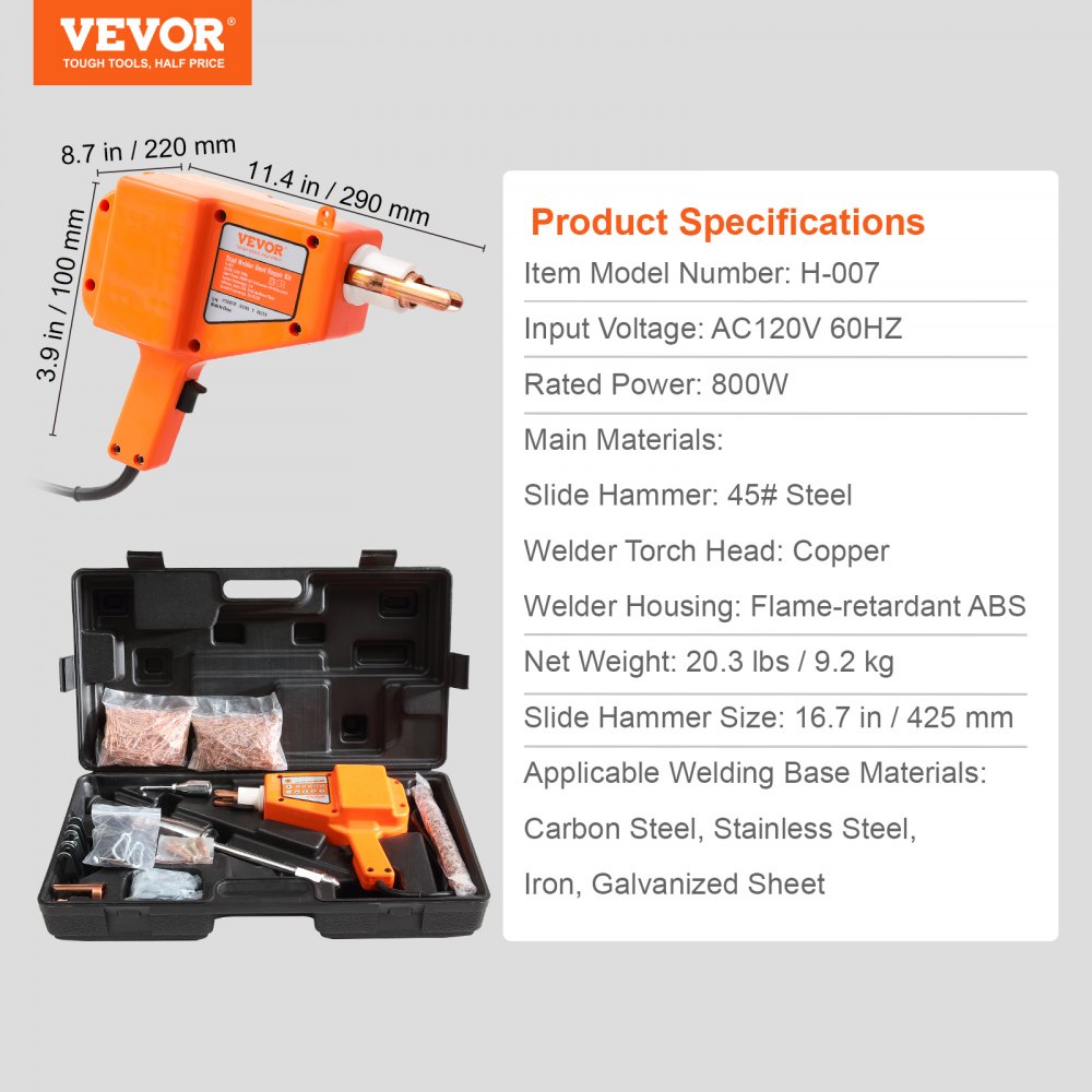 VEVOR Kit de Soldadura de Pernos para Extractor de Pernos de Carrocería de 800W 5 modos, Pistola Soldadora, Máquina de Reparación de Abolladuras de Carrocería, 13 Accesorios para Automóviles, Camiones