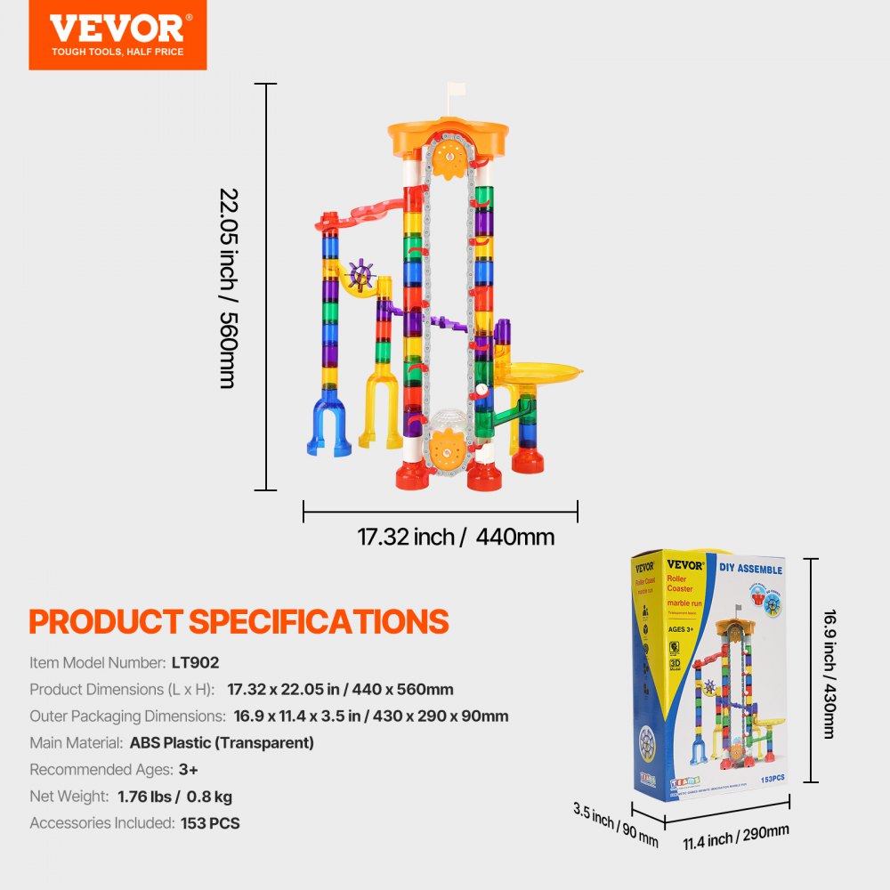 VEVOR Marble Run Set, 153 pieces with motorized lift, 30 plastic marbles, marble maze, building block puzzle, educational learning race track STEM toy, for children aged 3 and up