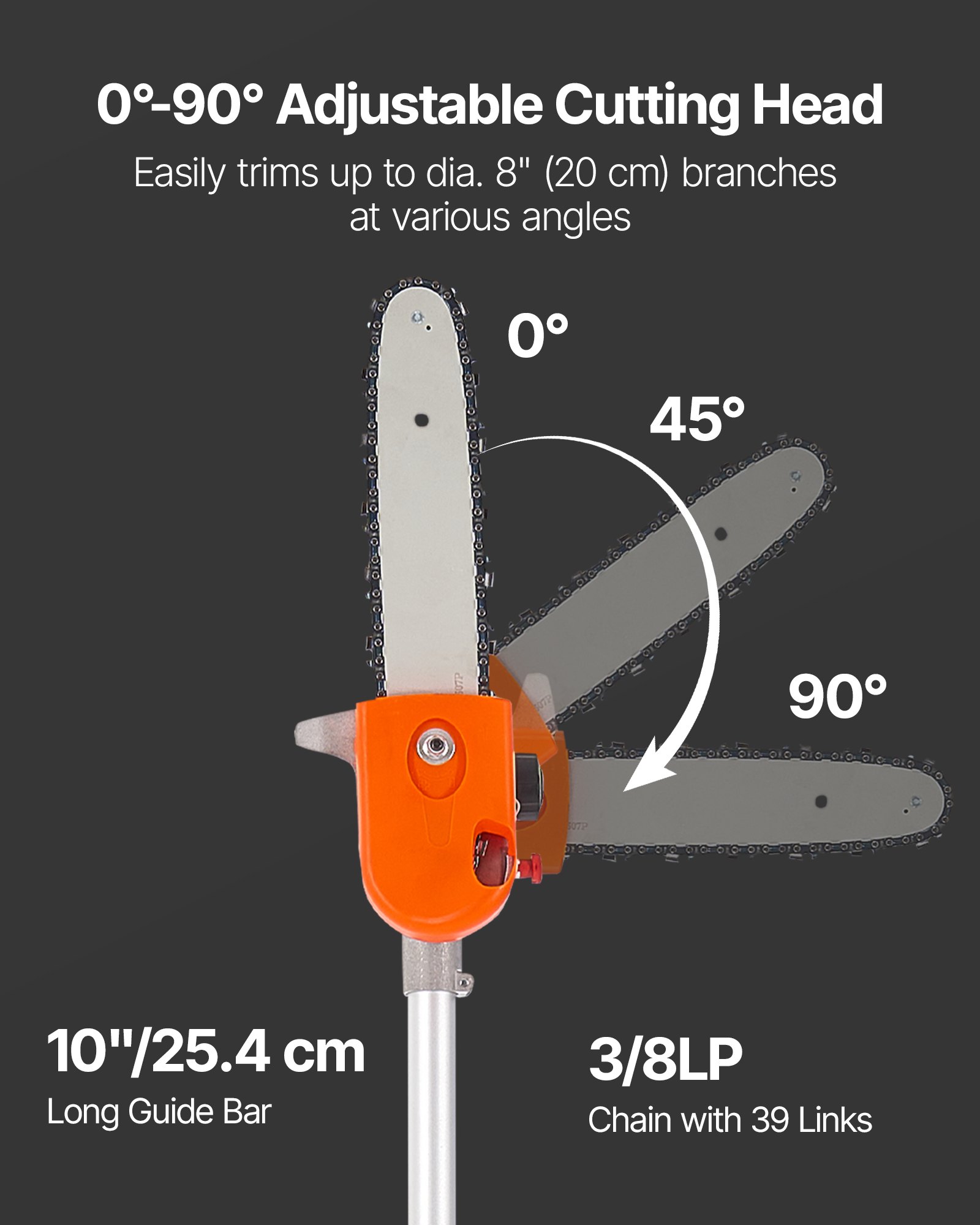VEVOR Motosierra de Pértiga a Gasolina, Motosierra Inalámbrica de 43 cc y 2 Tiempos con Barra de Corte de 25,4 cm, Cabezal Giratorio, y Extensible de 2,11 a 3,61 m para Podar Árboles, Naranja