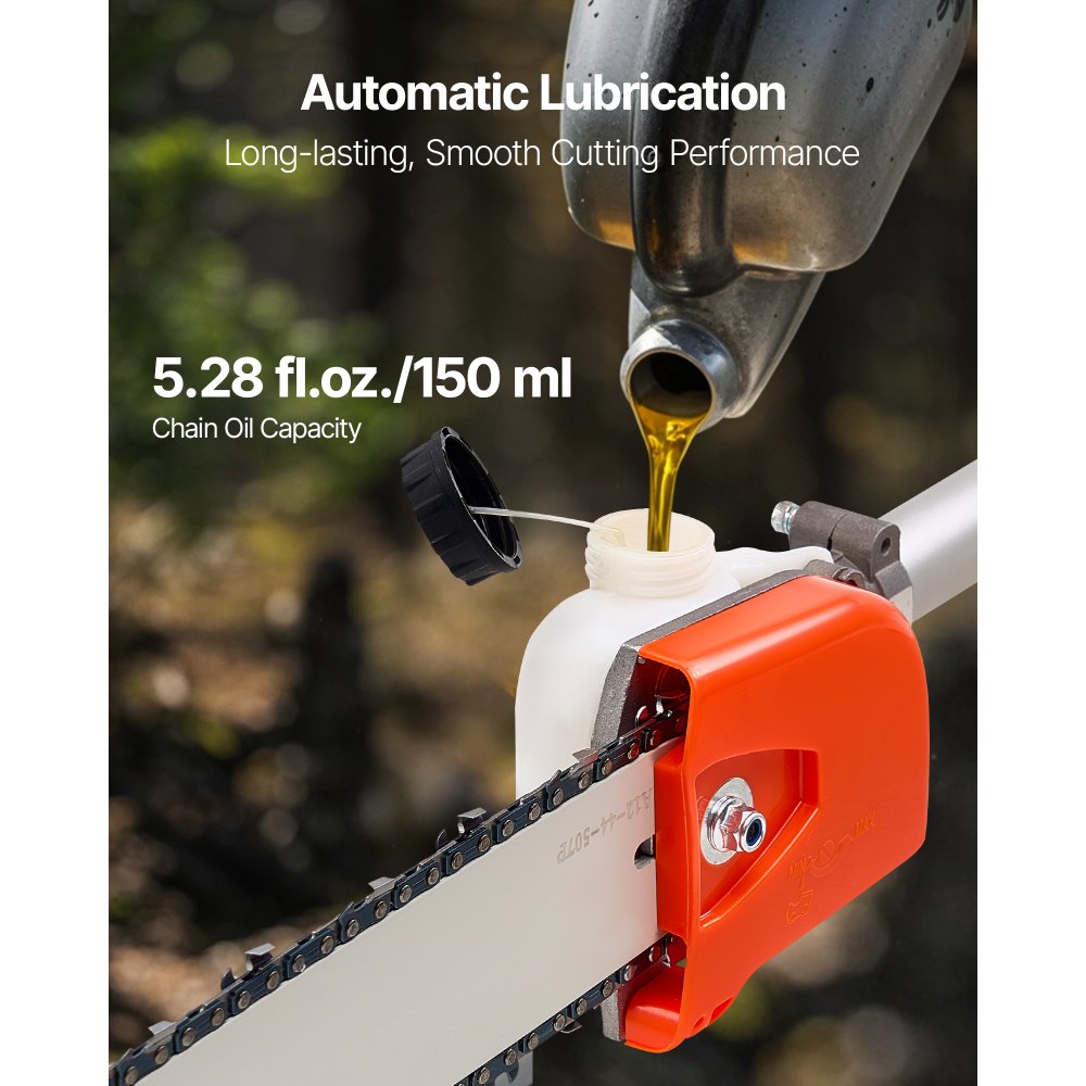 VEVOR Motosierra de Pértiga a Gasolina, Motosierra Inalámbrica de 25 cc y 2 Tiempos con Barra de Corte de 30,5 cm, Tanque de Combustible de 650 ml y Extensible de 2,12-3,62 m para Podar Árboles