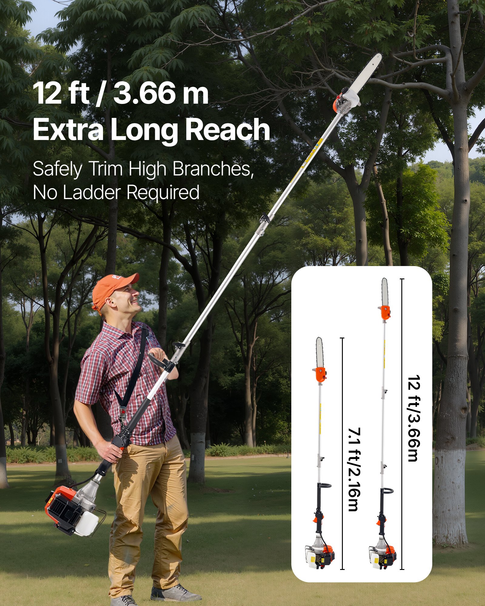 VEVOR Gas Pole Saw, 43CC 2 Stroke Gas Powered Pole Saws with 30.48 cm Cutting Bar, Cordless Tree Trimmer with Rotatable Head, 2.16 to 3.66 m Extendable, Powerful Chainsaw for Tree Trimming Pruning