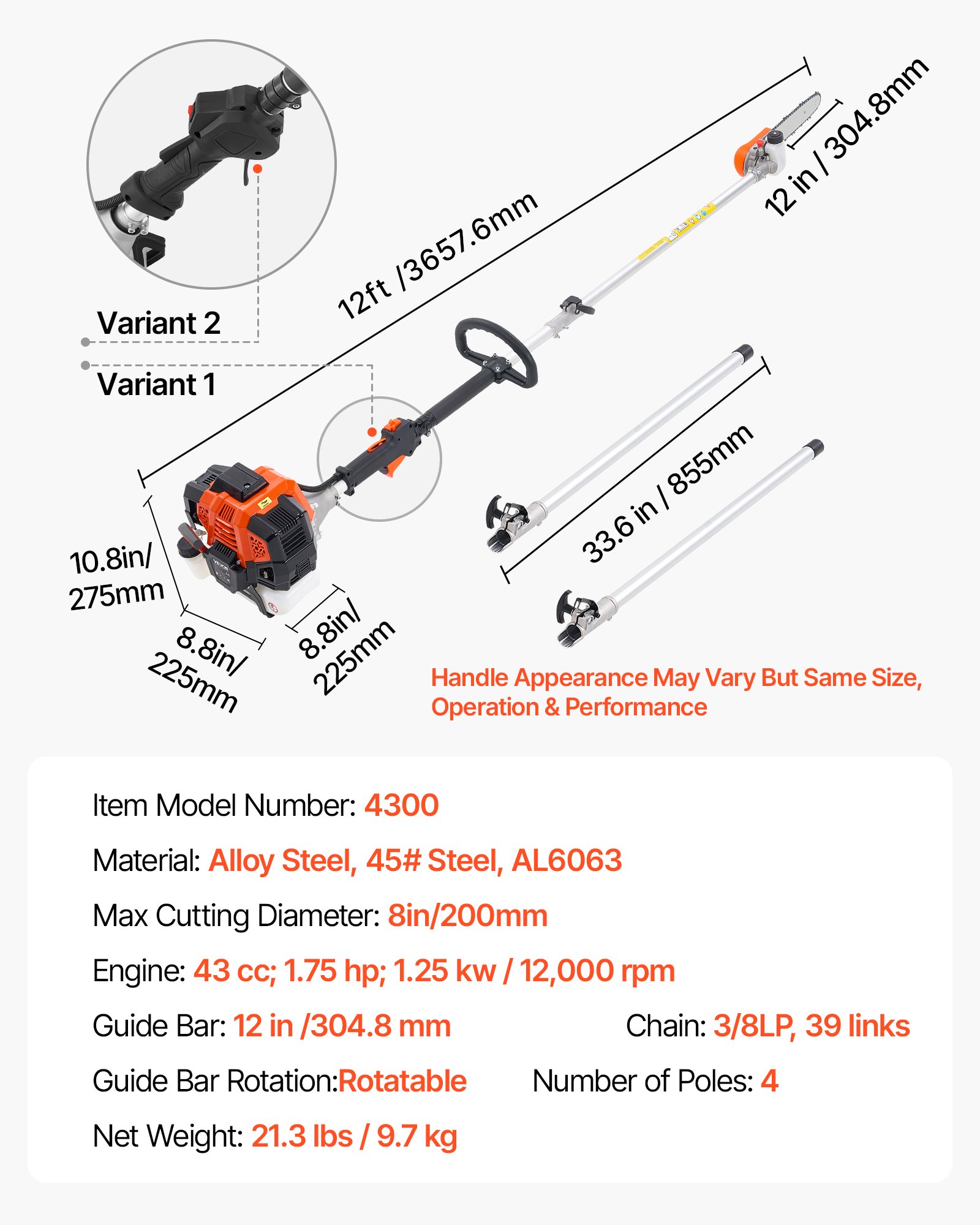 VEVOR Motosierra de Pértiga a Gasolina, Motosierra Inalámbrica de 43 cc y 2 Tiempos con Barra de Corte de 25,4 cm, Cabezal Giratorio, y Extensible de 2,16 a 3,66 m para Podar Árboles, Naranja