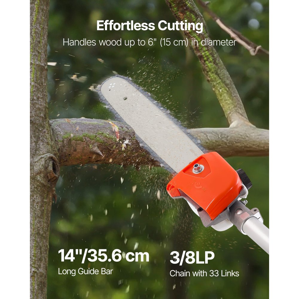 VEVOR Gas Pole Saw, 33CC 2 Stroke Gas Powered Pole Saws with 35.6 cm Cutting Bar, Cordless Tree Trimmer with 850ml Fuel Tank, 2.2 to 2.94 m  Extendable, Powerful Chainsaw for Tree Trimming Pruning