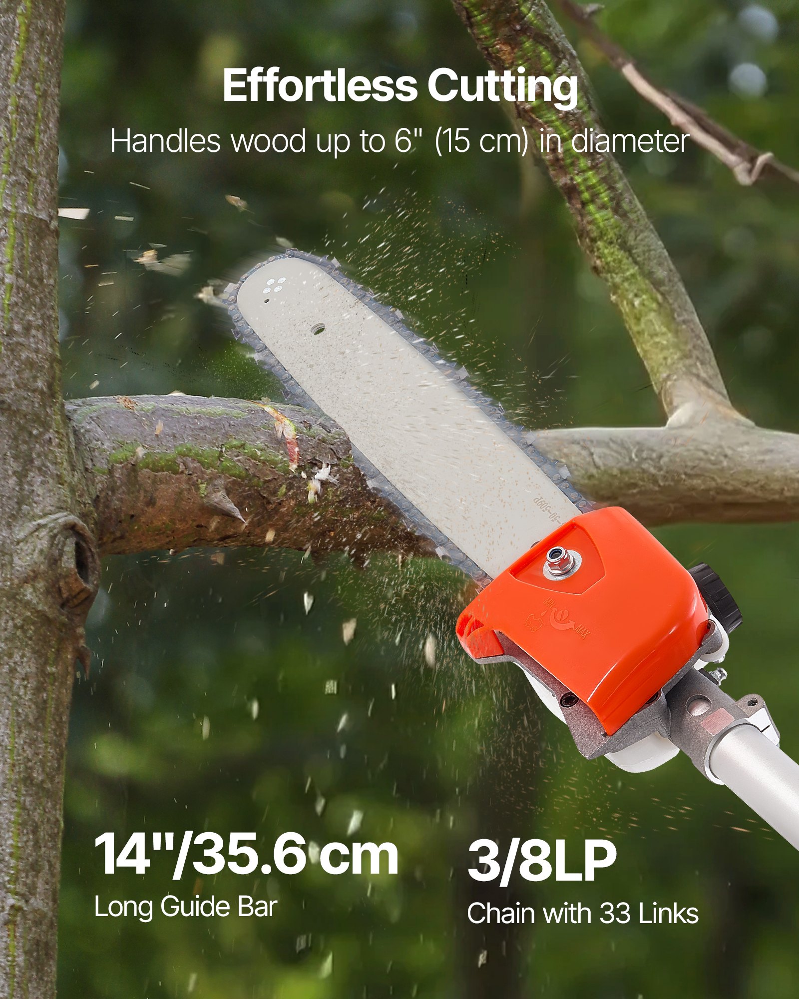 VEVOR Gas Pole Saw, 33CC 2 Stroke Gas Powered Pole Saws with 35.6 cm Cutting Bar, Cordless Tree Trimmer with 850ml Fuel Tank, 2.2 to 2.94 m  Extendable, Powerful Chainsaw for Tree Trimming Pruning