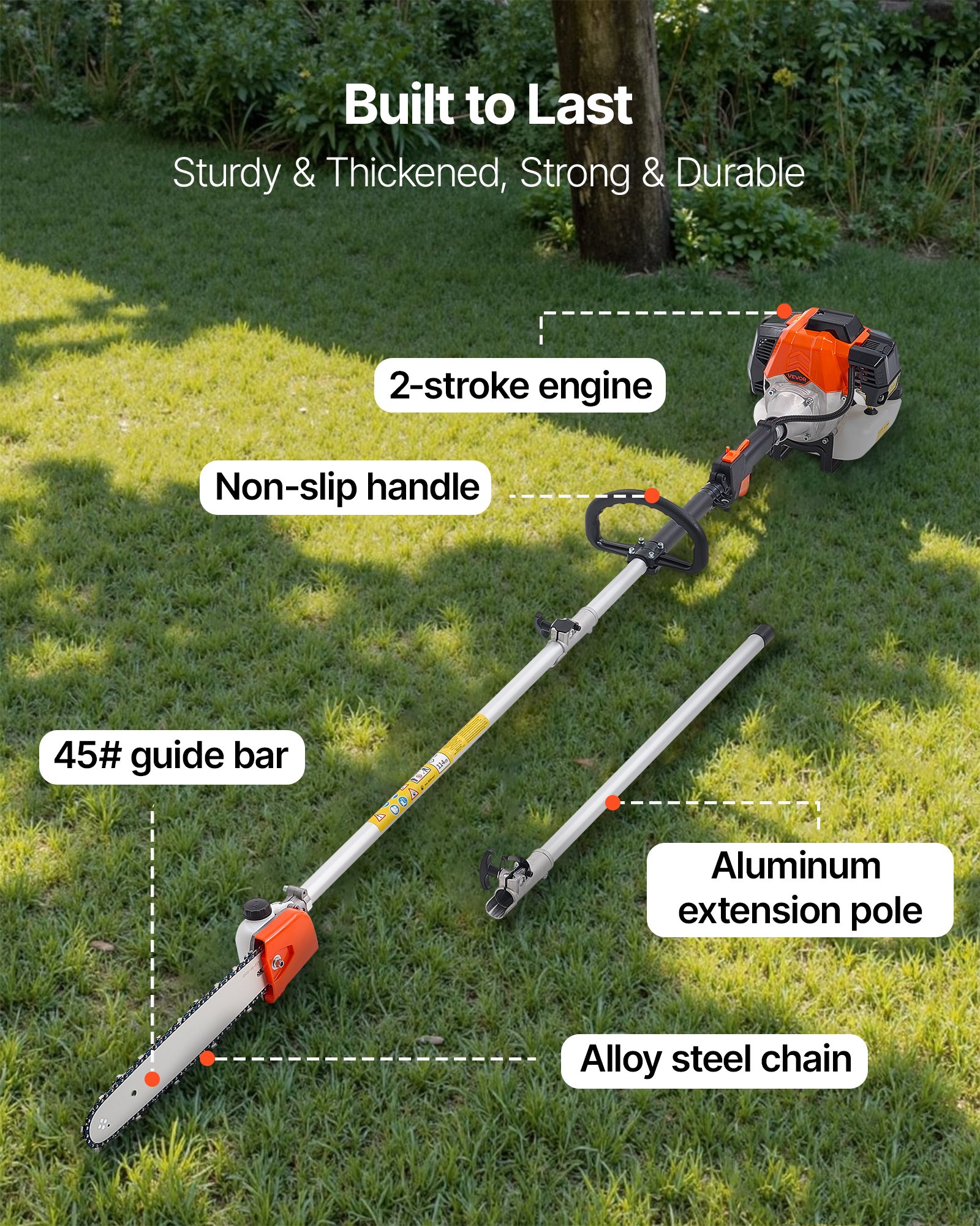VEVOR Gas Pole Saw, 33CC 2 Stroke Gas Powered Pole Saws with 35.6 cm Cutting Bar, Cordless Tree Trimmer with 850ml Fuel Tank, 2.2 to 2.94 m  Extendable, Powerful Chainsaw for Tree Trimming Pruning