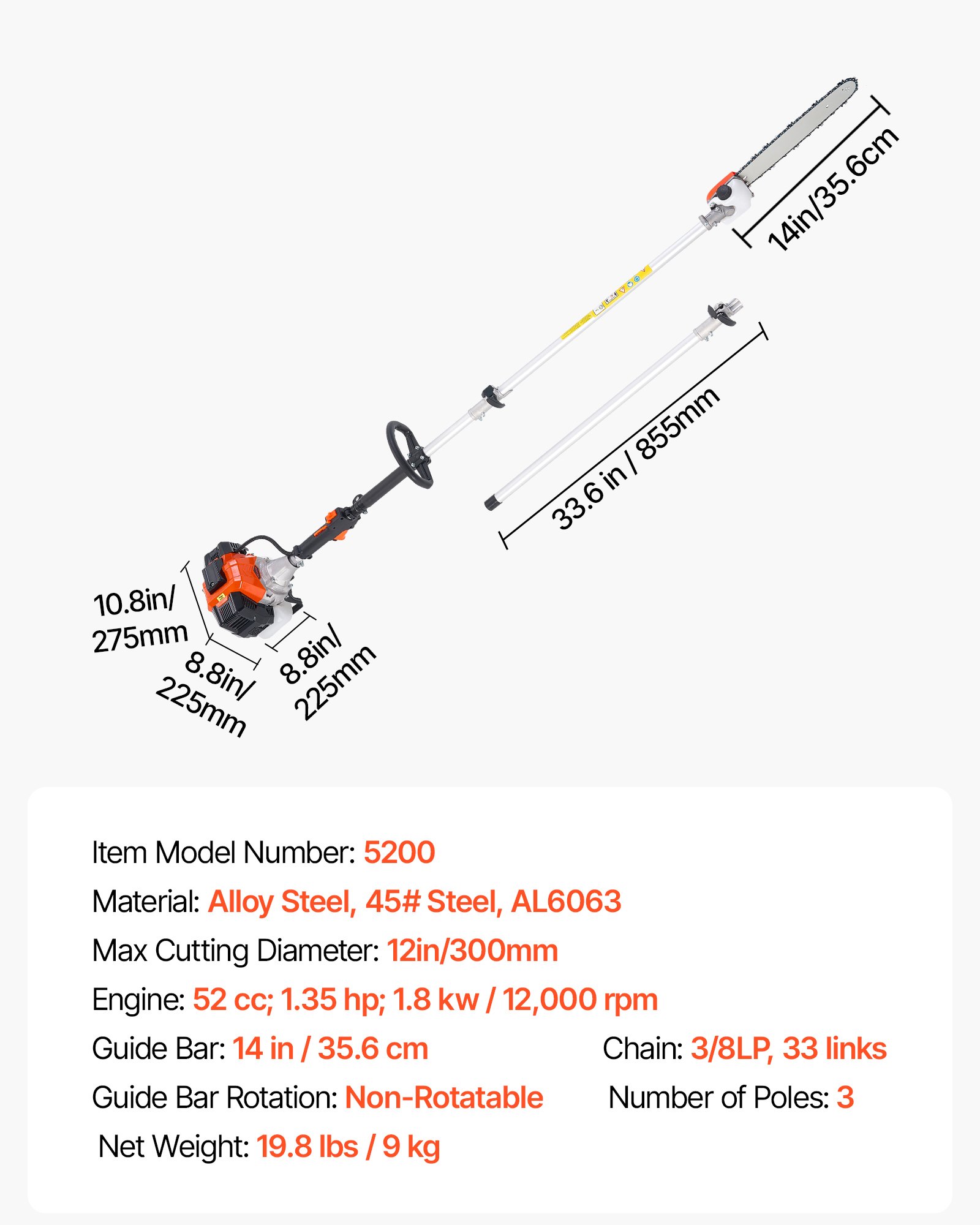 VEVOR Gas Pole Saw, 33CC 2 Stroke Gas Powered Pole Saws with 35.6 cm Cutting Bar, Cordless Tree Trimmer with 850ml Fuel Tank, 2.2 to 2.94 m  Extendable, Powerful Chainsaw for Tree Trimming Pruning