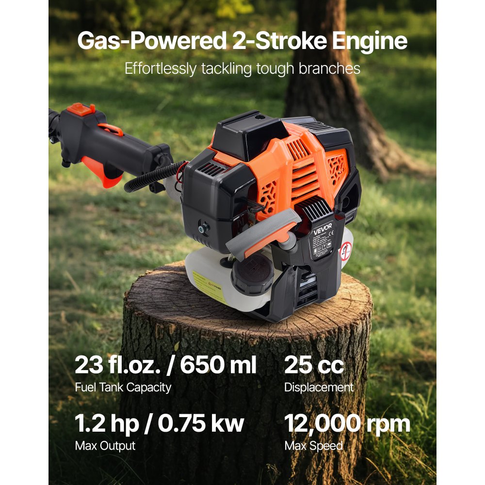 VEVOR Gas Pole Saw, 25CC 2 Stroke Gas Powered Pole Saws with 20.3 cm Cutting Bar, Cordless Tree Trimmer with 650ml Fuel Tank, 2 to 2.74 m Extendable, Powerful Chainsaw for Tree Trimming Pruning