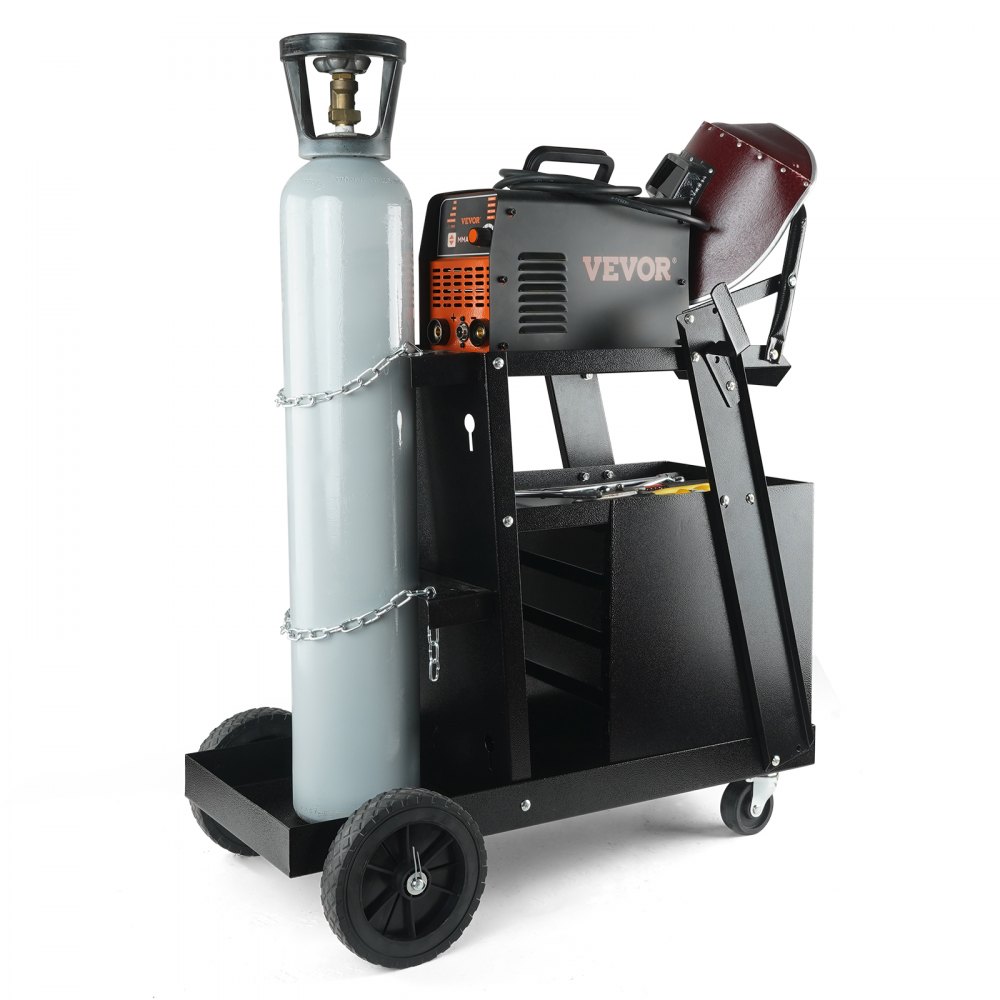 VEVOR Carro de Soldadura de 2 Niveles Carrito para Soldadura de 4 Cajones Carga de 120kg Ruedas Giratorias de 360° Cadenas Seguridad Depósitos Carro de Soldadura MIG sobre Ruedas para Taller de Plasma