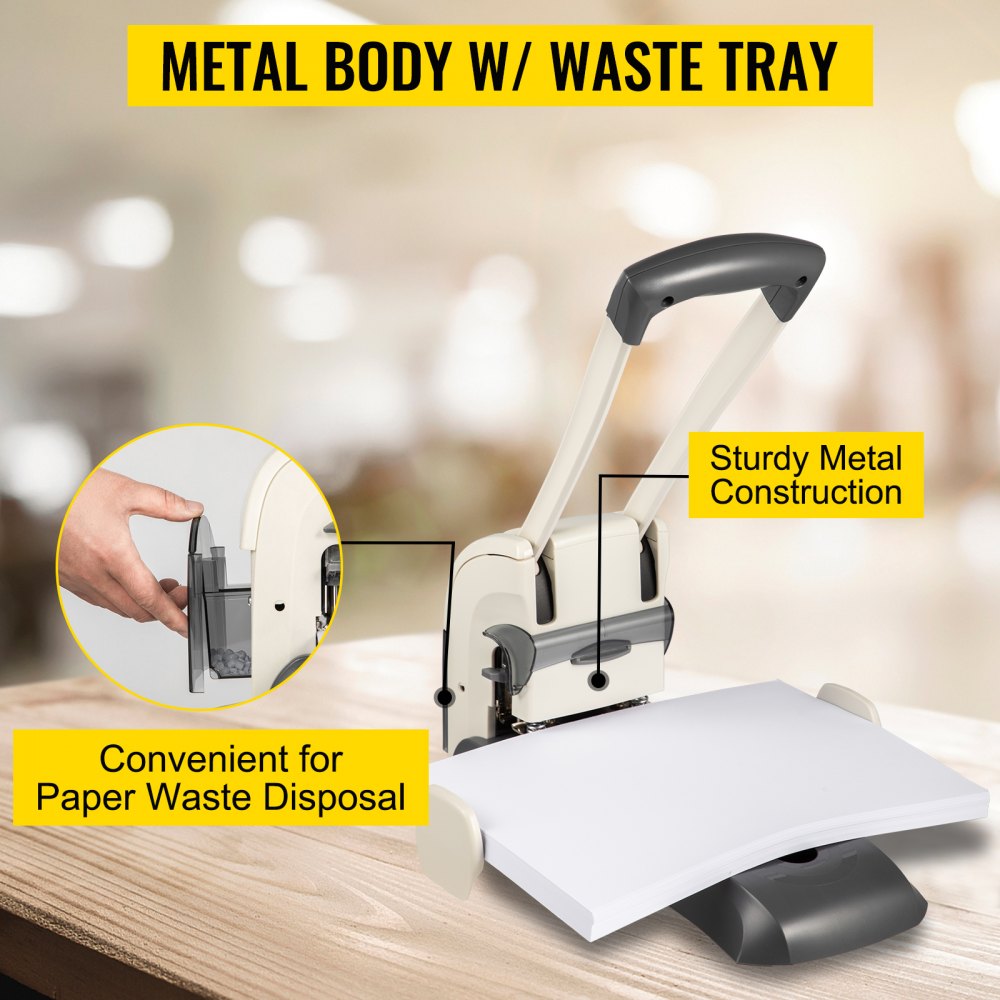 VEVOR Perforadora de Papel 2 Orificios Perforadora de Gruesos y Esfuerzo Capacidad de 200 Hojas Diámetro 6 mm Perforadora de Agujero 13,9 x 36,2 x 17,8 cm con Cuerpo de Metal y Taladro para Oficinas